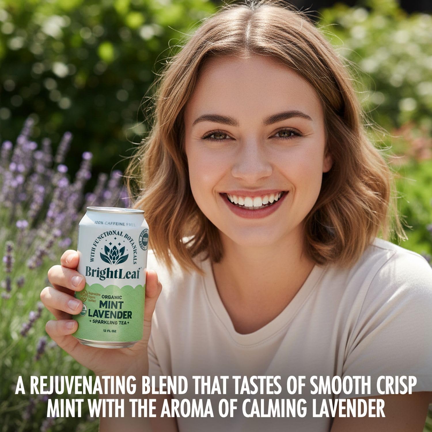 BrightLeaf Mint Lavender Sparkling Tea for Relaxation and Digestion – Caffeine-Free, Zero Sugar, Calories, and Sweeteners, Organic Craft-Brewed Botanical Blend with Whole Leaf Tea, Non-Alcoholic Drink, 12oz Cans