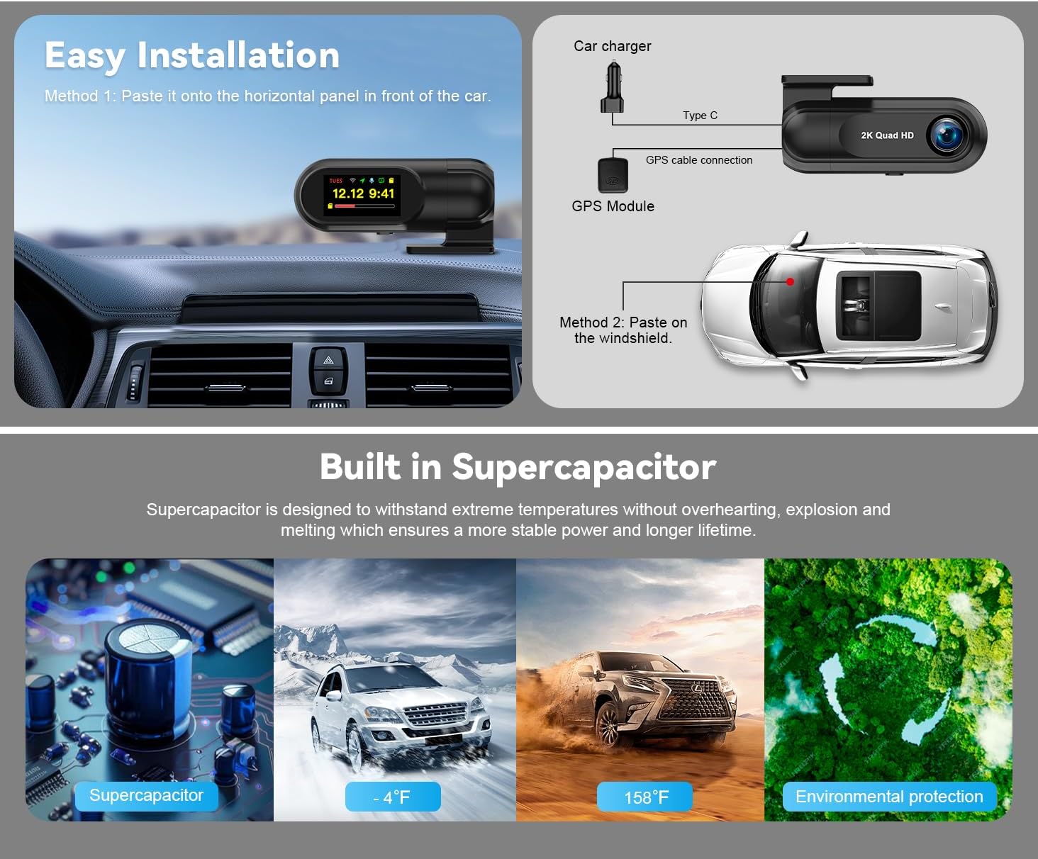 Penemay 2K Dash Cam Front Dash Camera for Cars with 32GB Card, WiFi Mini Car Camera Dashcam with App, 360° Rotatable Bracket, 24/7 Parking Monitor, G-Sensor, Loop Recording, Black