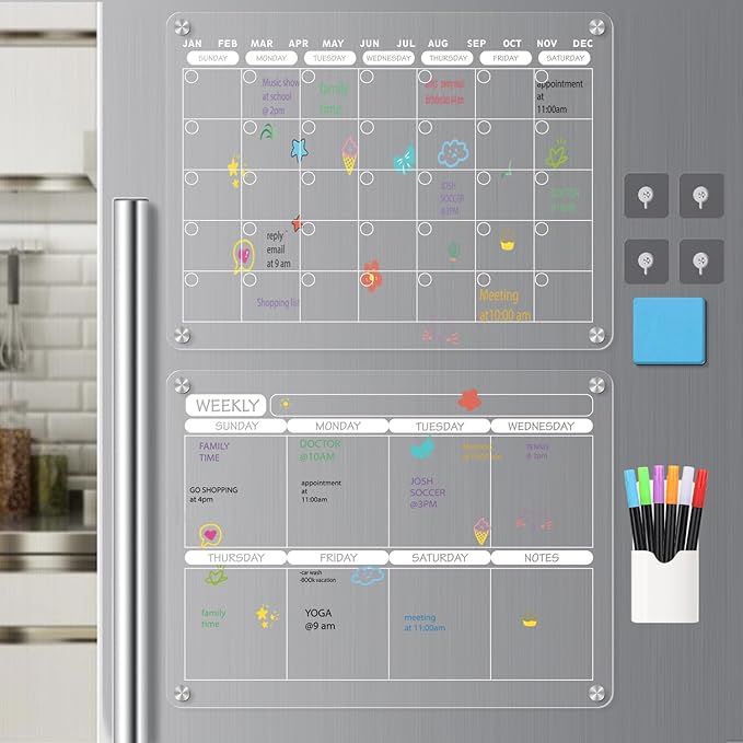Acrylic Magnetic Dry Erase Calendar Board, 17"x12" - Monthly & Weekly Planner with To-Do List, Includes 6 Markers and Eraser