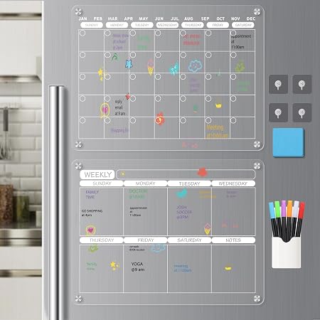 Acrylic Magnetic Dry Erase Calendar Board for Fridge, 16"X12" - Erasable Monthly and Weekly Planner with to-Do List, Includes 6 Markers and Eraser