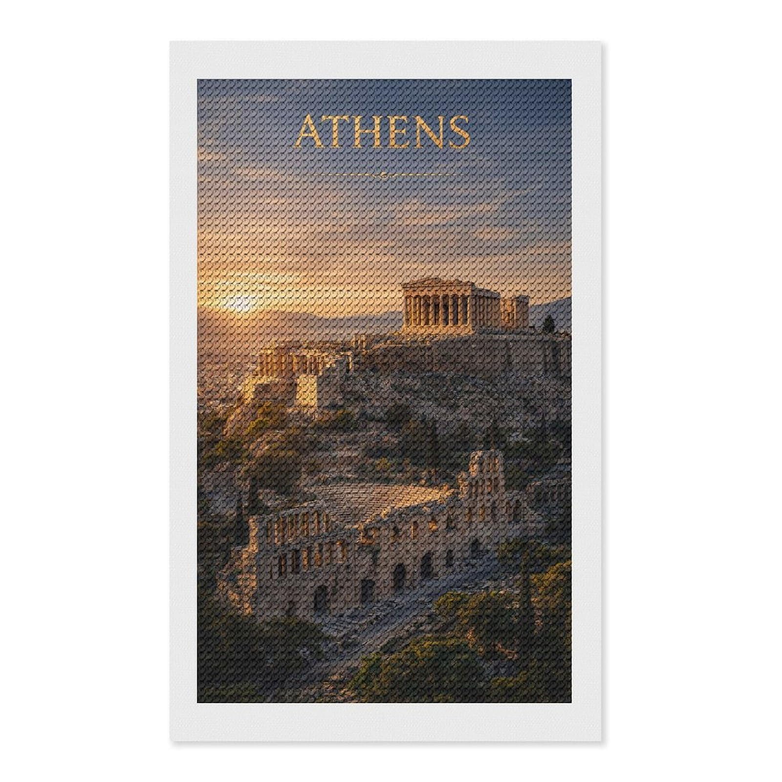 Junmoney Athens Acropolis at Sunset DIY Diamond Art Canvas Kit 12"x20", Pleasing Wall Art Project, Easy Handmade Project, Living Room Decor