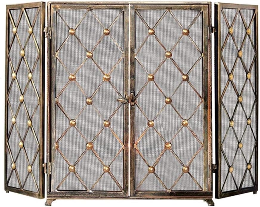 Fireplace Screen Guard, 3 Panel Fireplace Mesh Screen with Door, Rustic Diamond Shape Wrought Iron Fire Saprk Guard, for Indoor & Outdoor Use, 132cm Wide X 82cm High (Color : Rustic Gold)