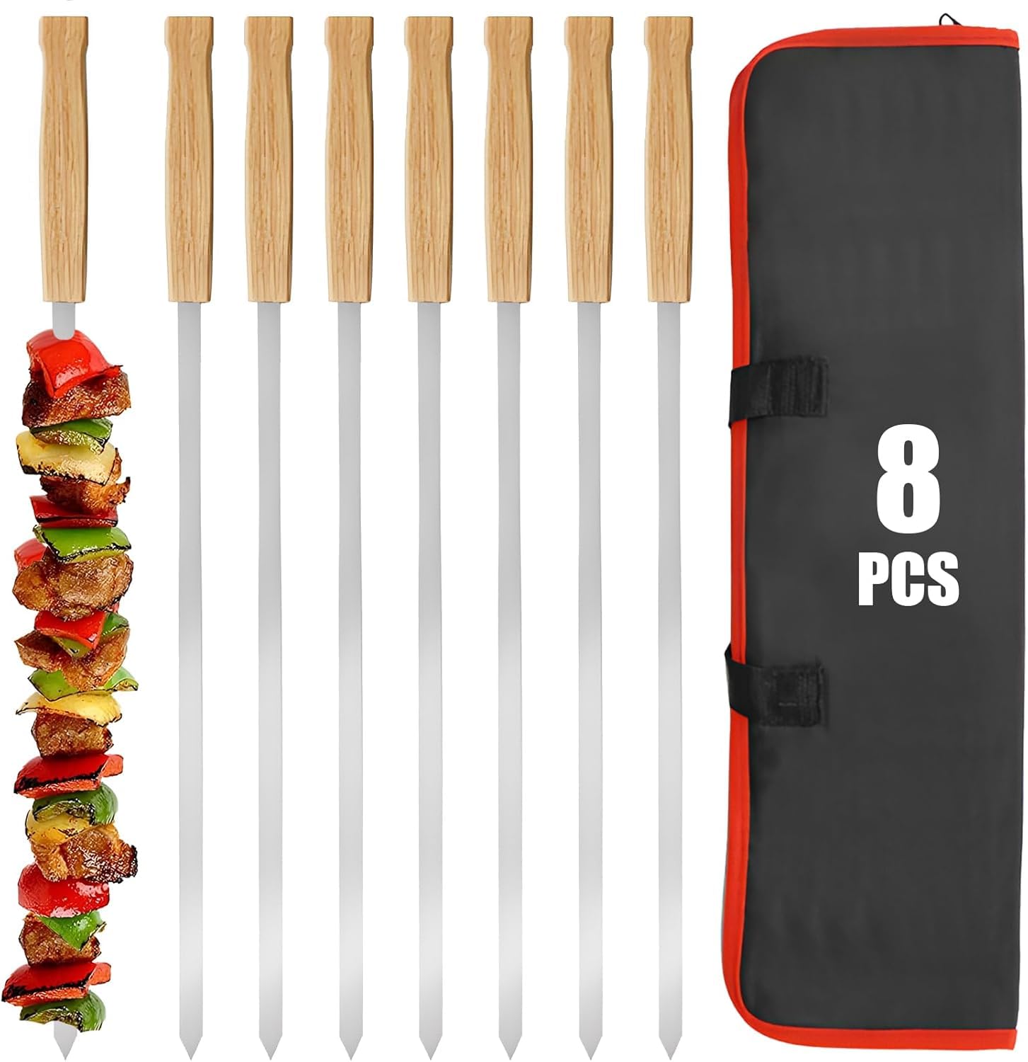 Wzzy Gurden 8 Stück Grillspieße Wiederverwendbar, 40 cm Flache Schaschlikspieße Edelstahl, Adana Kebab Spieße mit Holzgriff, Kebab Spieße für Fleisch, Gemüse Fleischspieße Grillzubehö