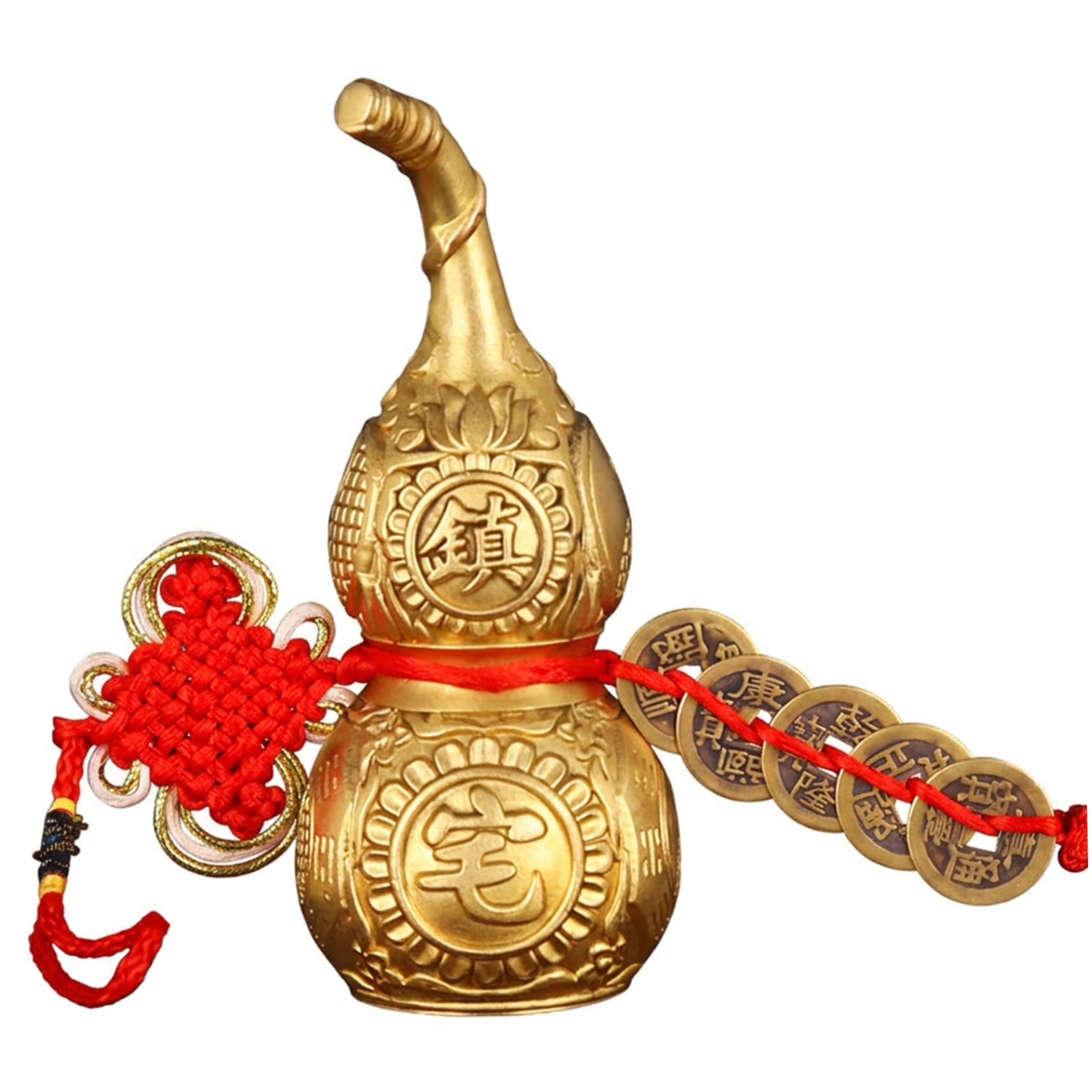 Monwssoe Figurines, Wu Lou Feng Shui, Authentic Brass Feng Shui Gourd Ornament (Wu Lou) with Ancient coin & Red Knot, Chinese Decor for Home Good Luck