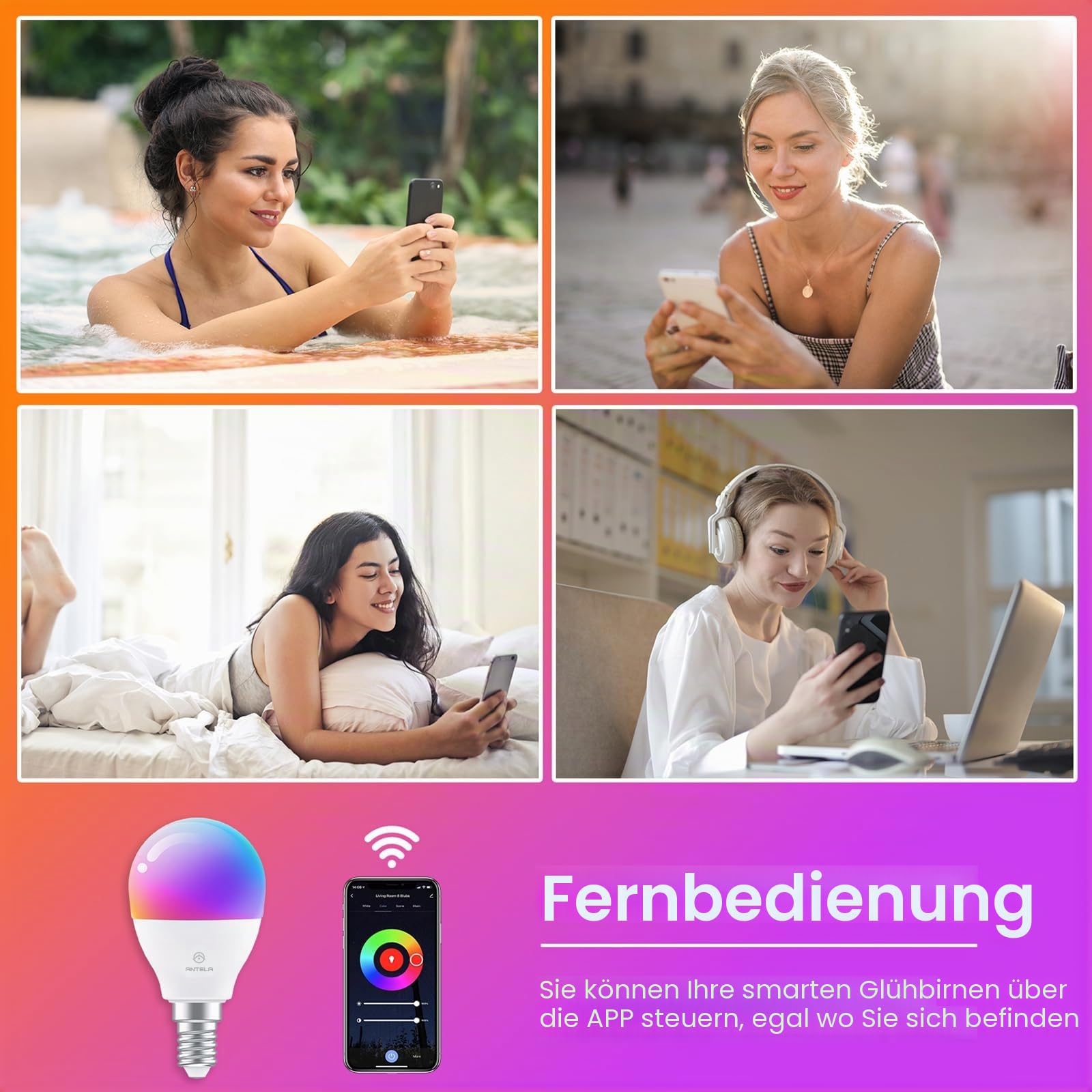 ANTELA Alexa Glühbirne G45 E14 4.5W LED Smart WLAN RGBCW, 8 Stück | Smart Life APP Steuerung, Sprachsteuerung, Kaltweiß & Warmweiß, Kompatibel mit Alexa und Google Home