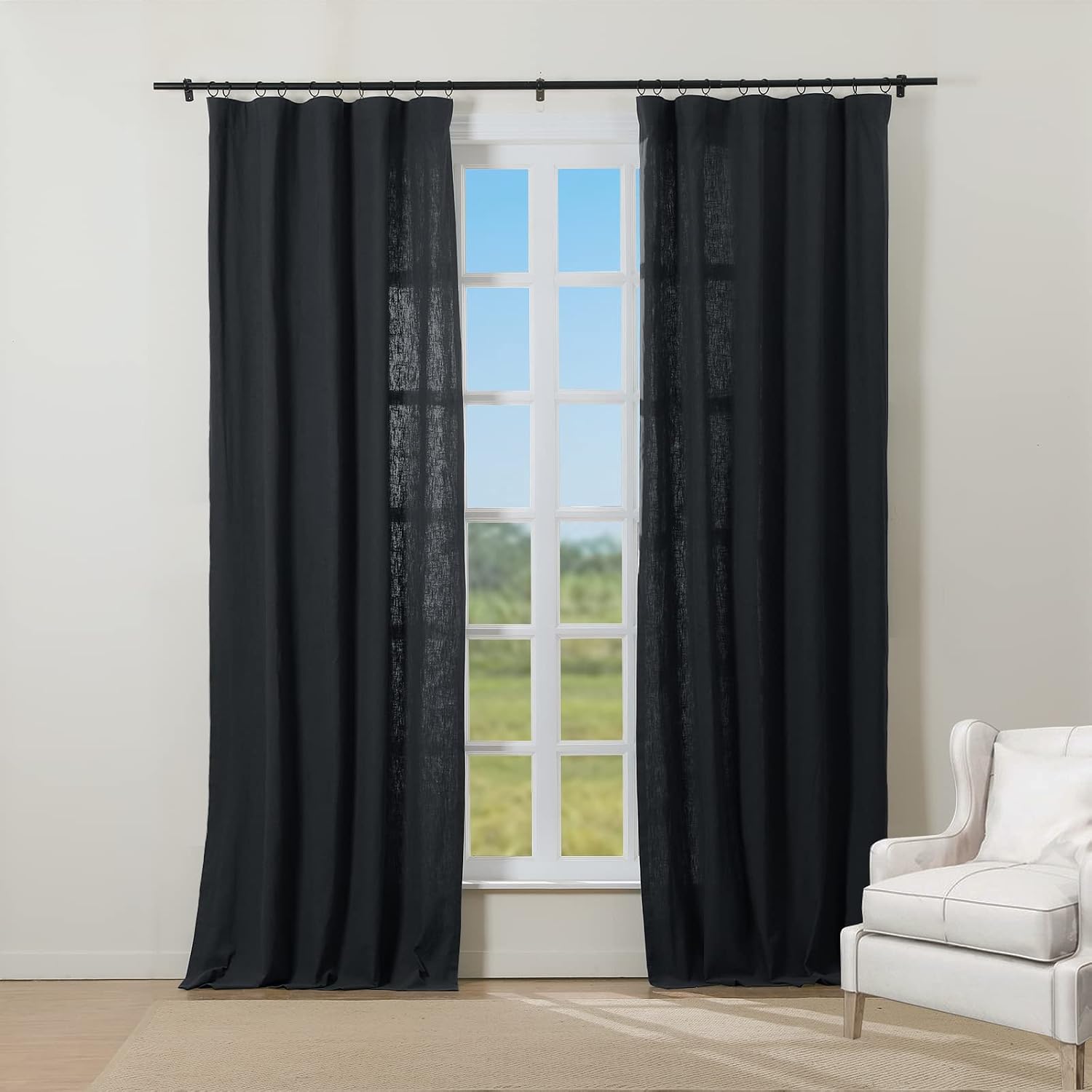 ChadMade Natural Linen Cotton Curtain Privacy Protection Window Treatment Curtain for Living Room Light Reducing Drape Rod Pocket, Black Curtain Single Layer 50Wx84L (1 Panel), MAITY Collection