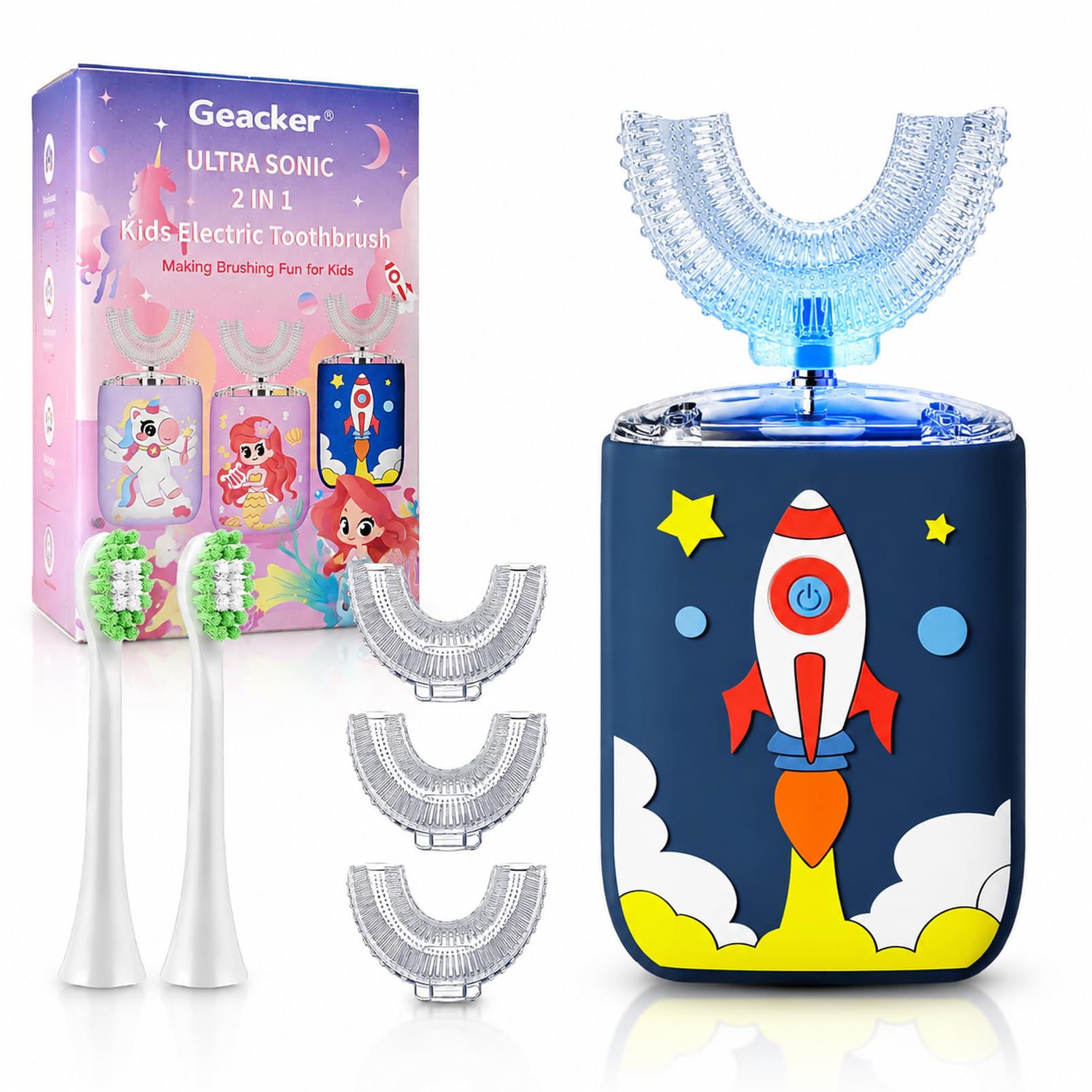 Kids U Shaped Electric Toothbrush Ultrasonic Automatic Brush with 5 Brush Head 6 Clean Modes IPX7 Waterproof Whole Mouth Rechargeable Smart Timer Toothbrushes for Children Age 2-7 (Blue)-image-20