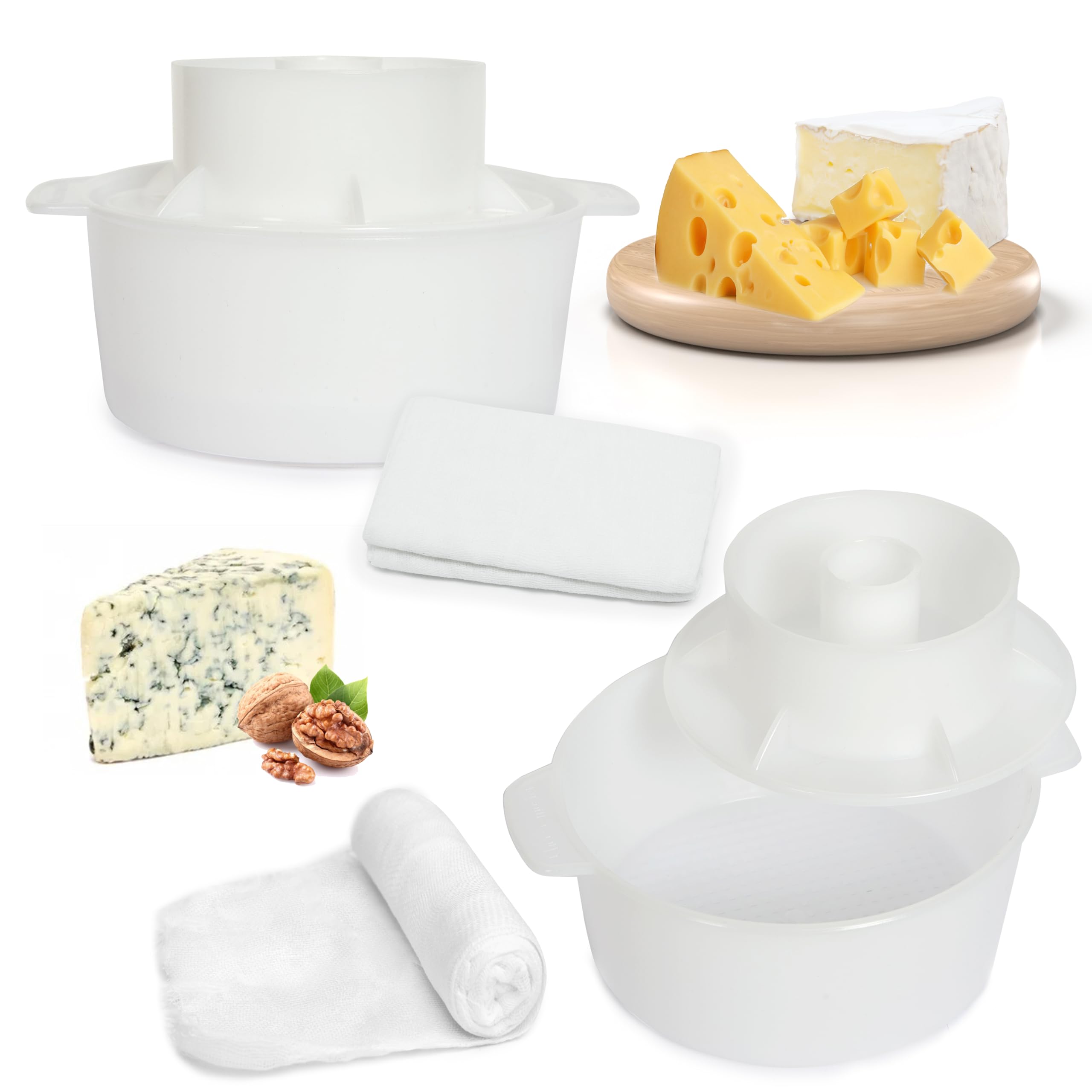 Lot de 2 moules à fromage 1,2 l avec piston et gaze de coton, panier à fromages, kit de fromagerie