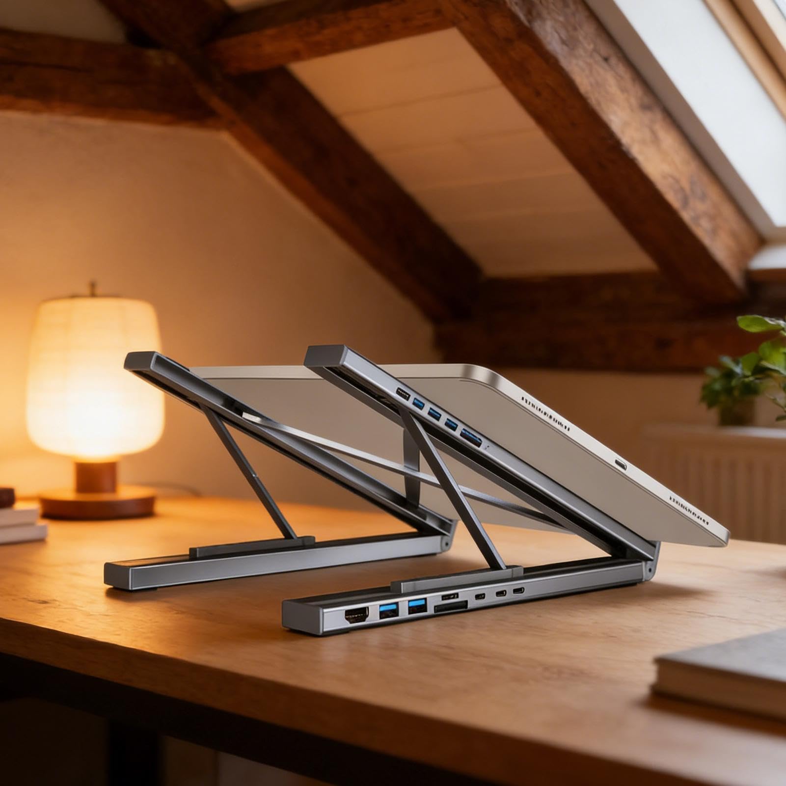 Supporto Portatile per Notebook con Docking Station Hub 8-in-1 e Rialzo per | Trasferimento Dati a 5 Gbps, Supporto Pieghevole con Porte USB Per scrivania, viaggio, ufficio e lavoro