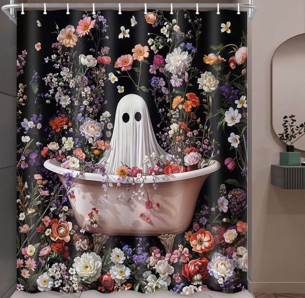 Halloween Shower Curtain Fall Floral Funny Cute Ghost Scary Spooky Bathtub Vintage Flower Gothic Horror Bathroom Curtain Washable Shower Curtain Sets Polyester Hooks Waterproof Decor 71X71 in
