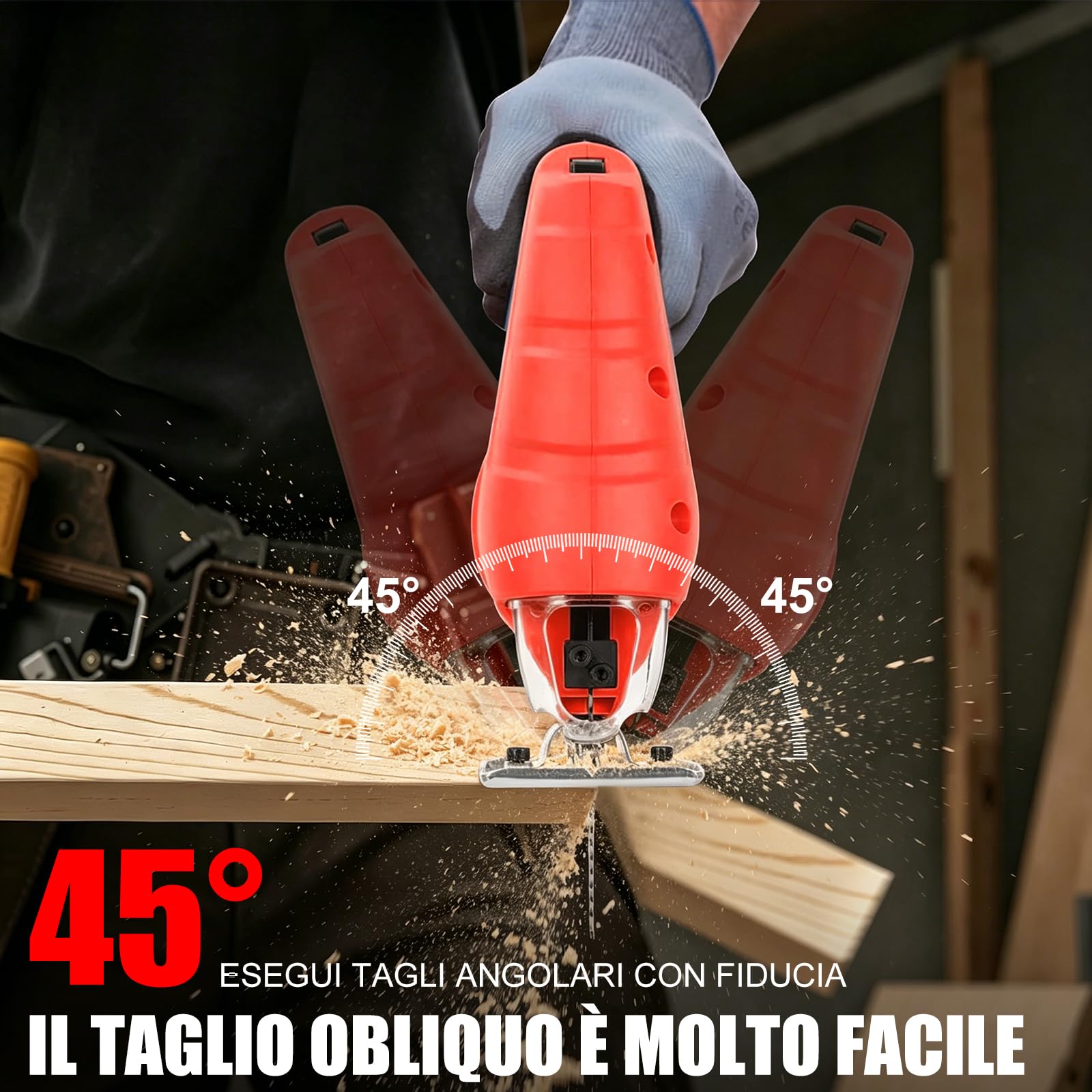 Seghetto alternativo elettrico, 710 W, 2800 SPM, 6 marce, regolabile, con taglio obliquo di ±45°, con righello di guida e 15 lame per legno, metallo e plastica