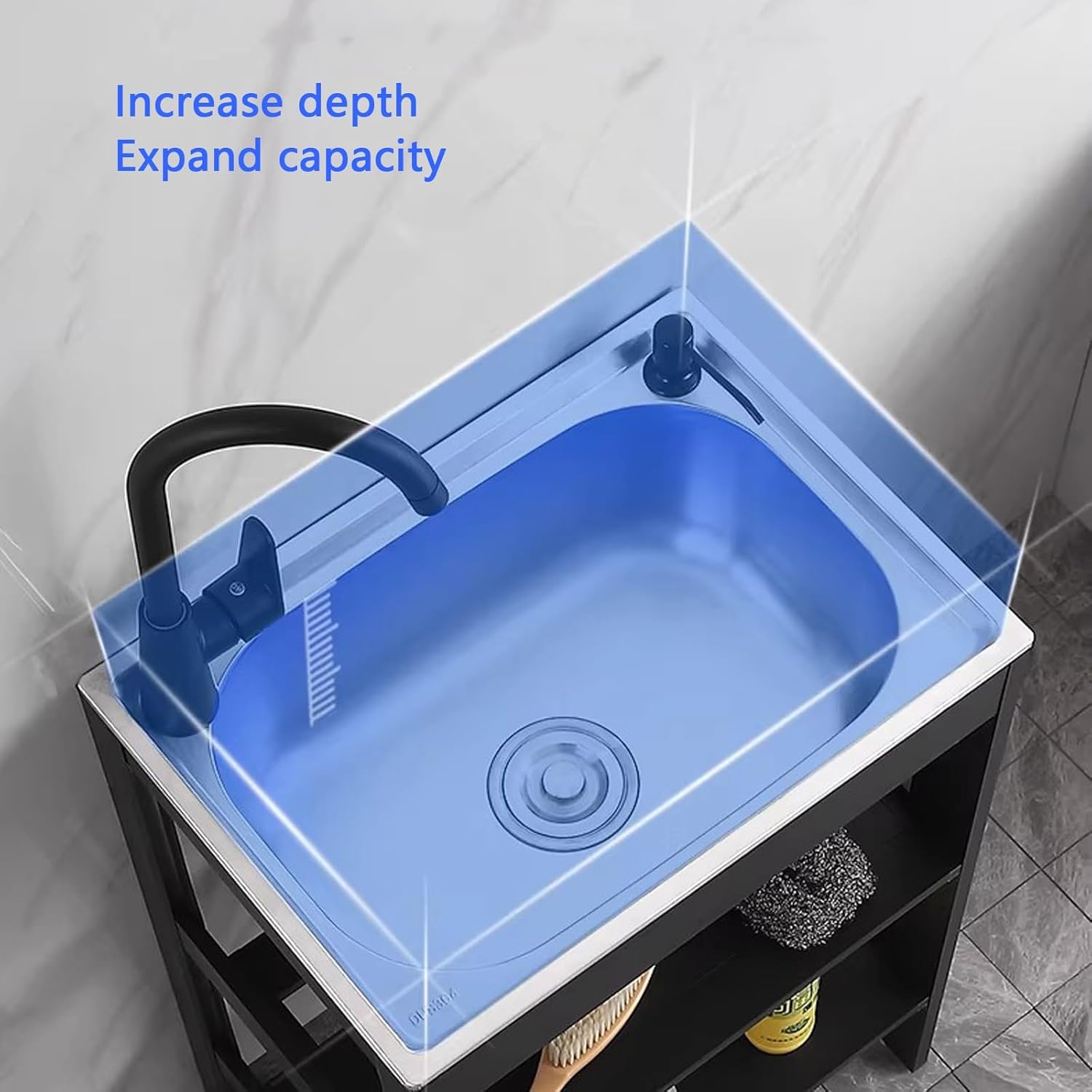 Stainless Steel Large Utility Sink, Undermount Single Bowl, With Hot And Cold Water For Workstation, Prep Kitchen, Bar Sink(58x43x75cm)