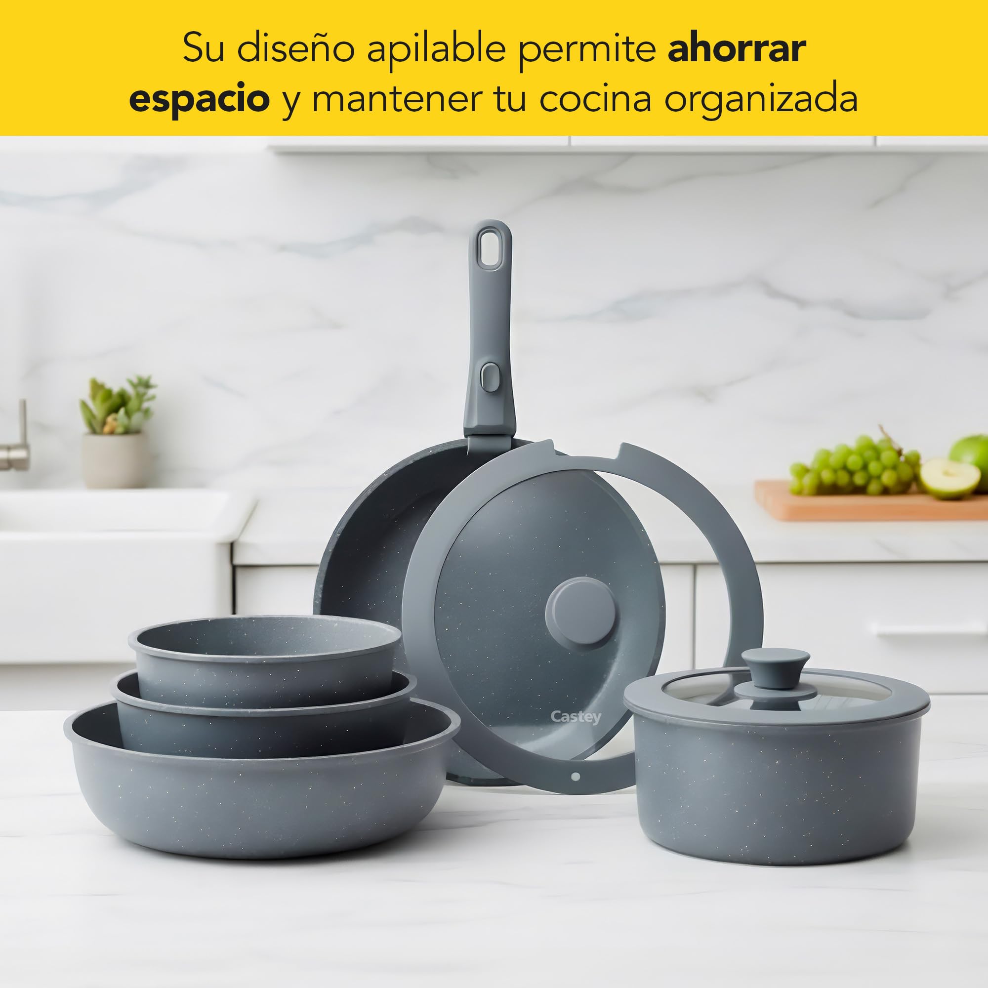 CASTEY - Batería de Cocina 8 Piezas, Modelo BAT-C8GR, Acero Inoxidable 18/10, Base de Aluminio, Recubrimiento Antiadherente Sin PFOA, Sartenes, Ollas y Cacerolas con Tapa y Mango Extraíble, Gris