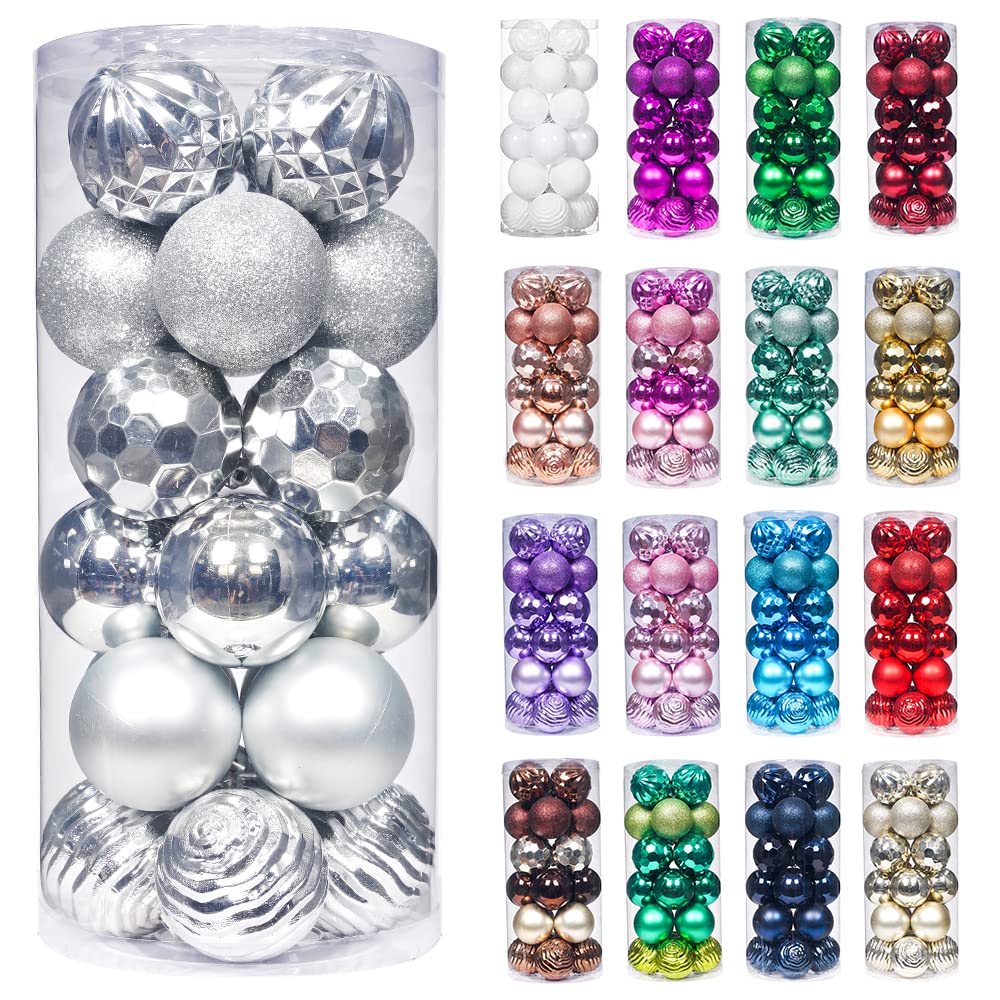XmasExp 60mm/2.36" Christmas Ball Ornaments Shatterproof Christmas Ornaments Set Decorations for Xmas Tree Balls - 24ct (2.36'', Silver)