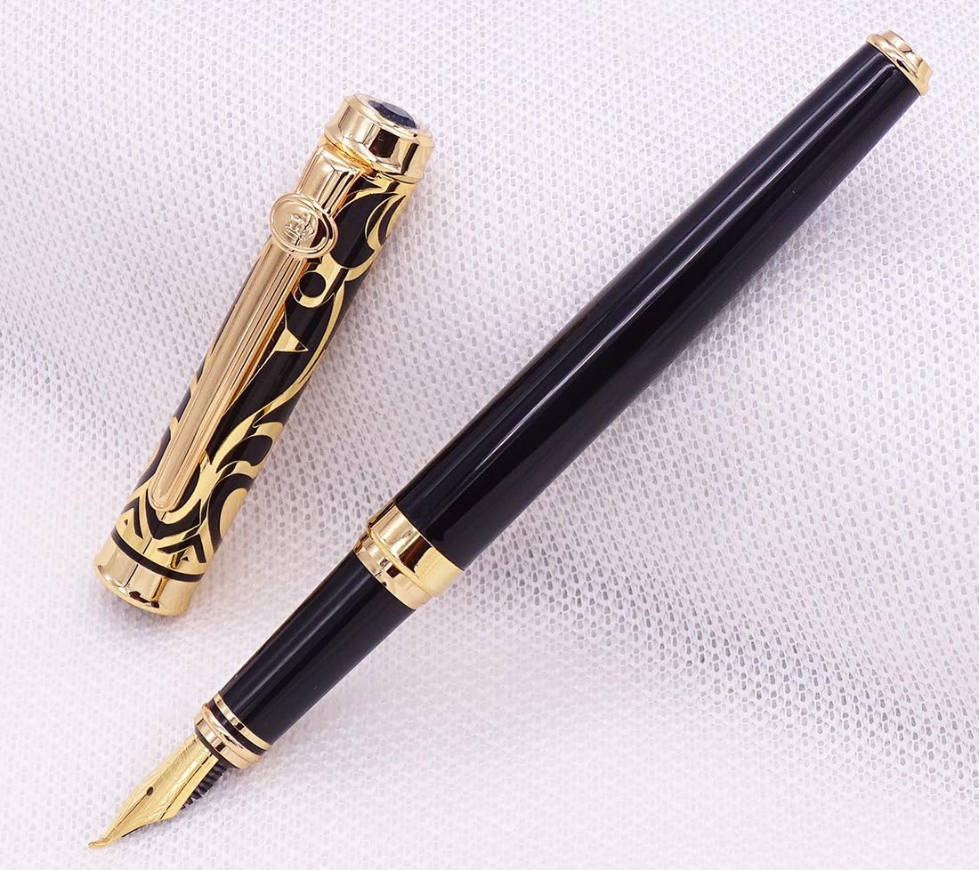 Duke Sapphire Fude Nib Fountain Pen Black Gold Trim Original Gift Box Set, Iridium Bent Nib Writing Pen for Business Signature, Art Drawing,Calligraphy