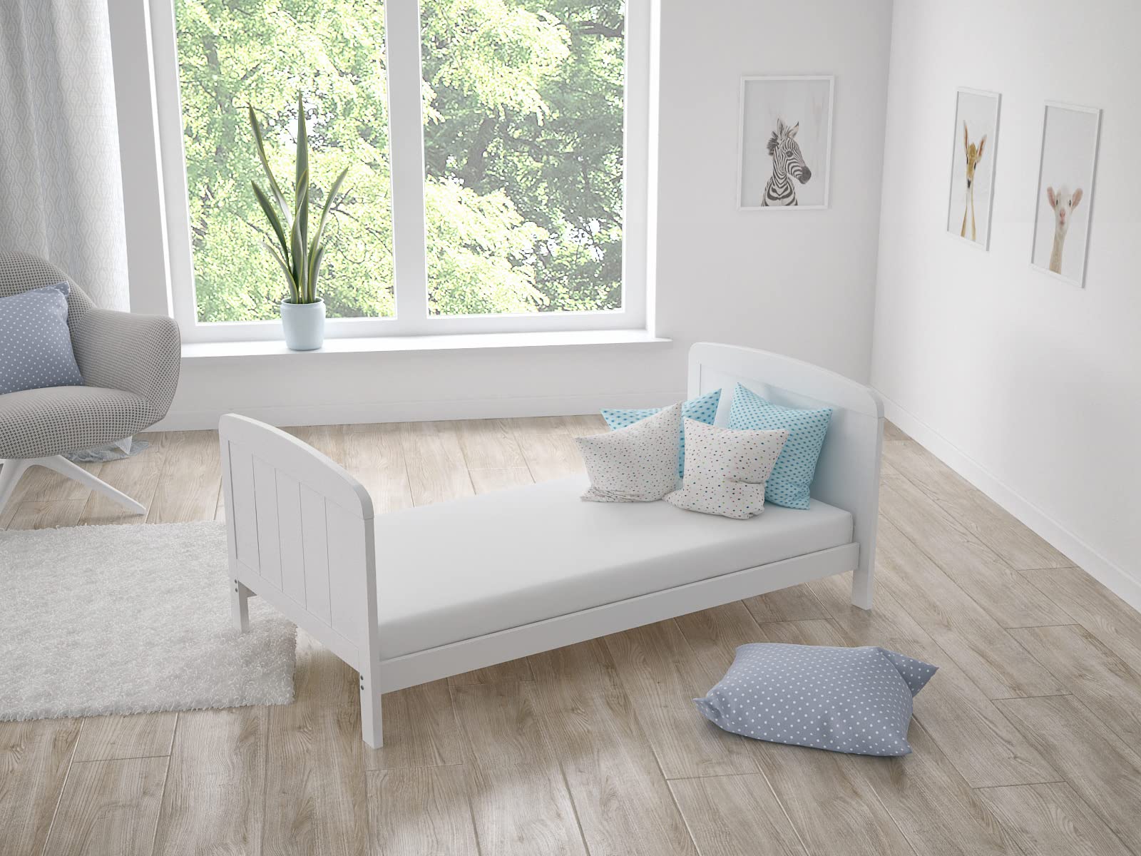 Love For Sleep Cuna Bebé 70x140 cm Convertible en Cama Junior – Cama Infantil Evolutiva Blanca de Madera con 2 Barandillas Anticaída, Modelo Maddox