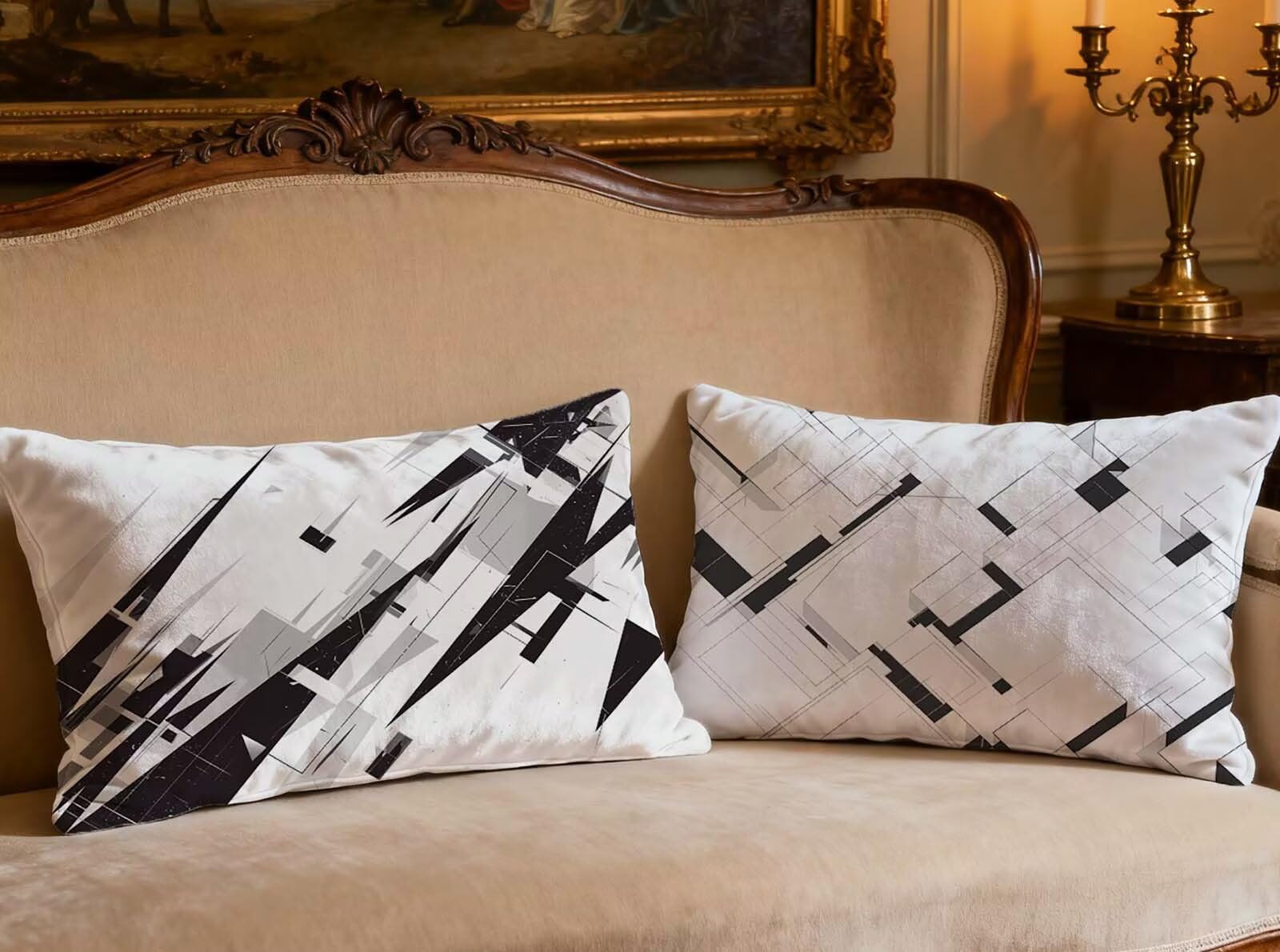 Housse de coussin noir et blanc taie oreiller rectangulaire decoration salon