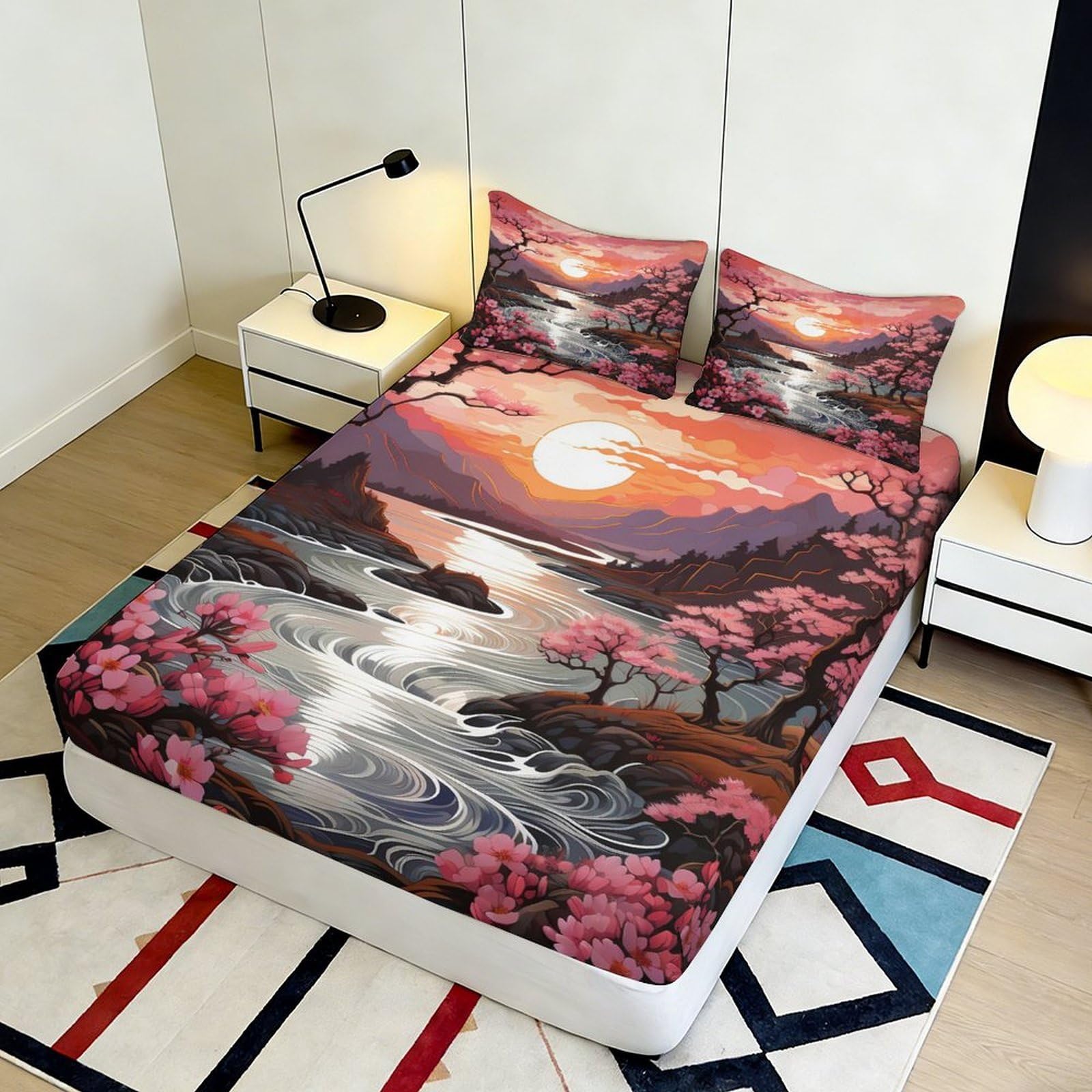 3D Printed Paesaggio Tramonto Lenzuolo con angoli, Microfibra Paraletto | morbido, protezione materasso, facile manutenzione, tutte le stagioni, lavabile 180 x 200 x 25 cm