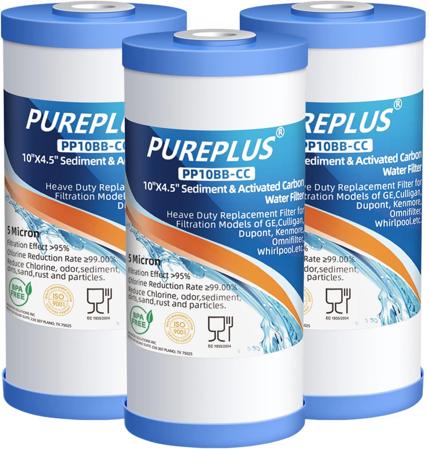 New Deal PUREPLUS 5 Micron 10 x 4.5 FXHTC Whole House Sediment and Carbon Water Filter Replacement Cartridge for GE GXWH40L, GXWH35F, GNWH38S, Culligan RFC-BBSA, WRC25HD, RFC-BB, PP10BB-CC, WFHD13001, 3Pack