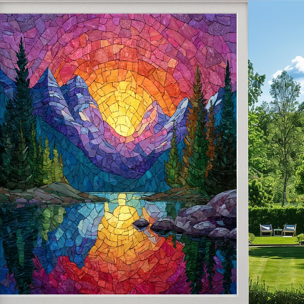 Dreamy Mountain Landscape Stained Glass Window Film, Sunset Trees Lake Peel and Stick Privacy Film, Frosted Adhesive Vinyl Decorative for Bathroom Windows Glass Doors, （80x120cm）