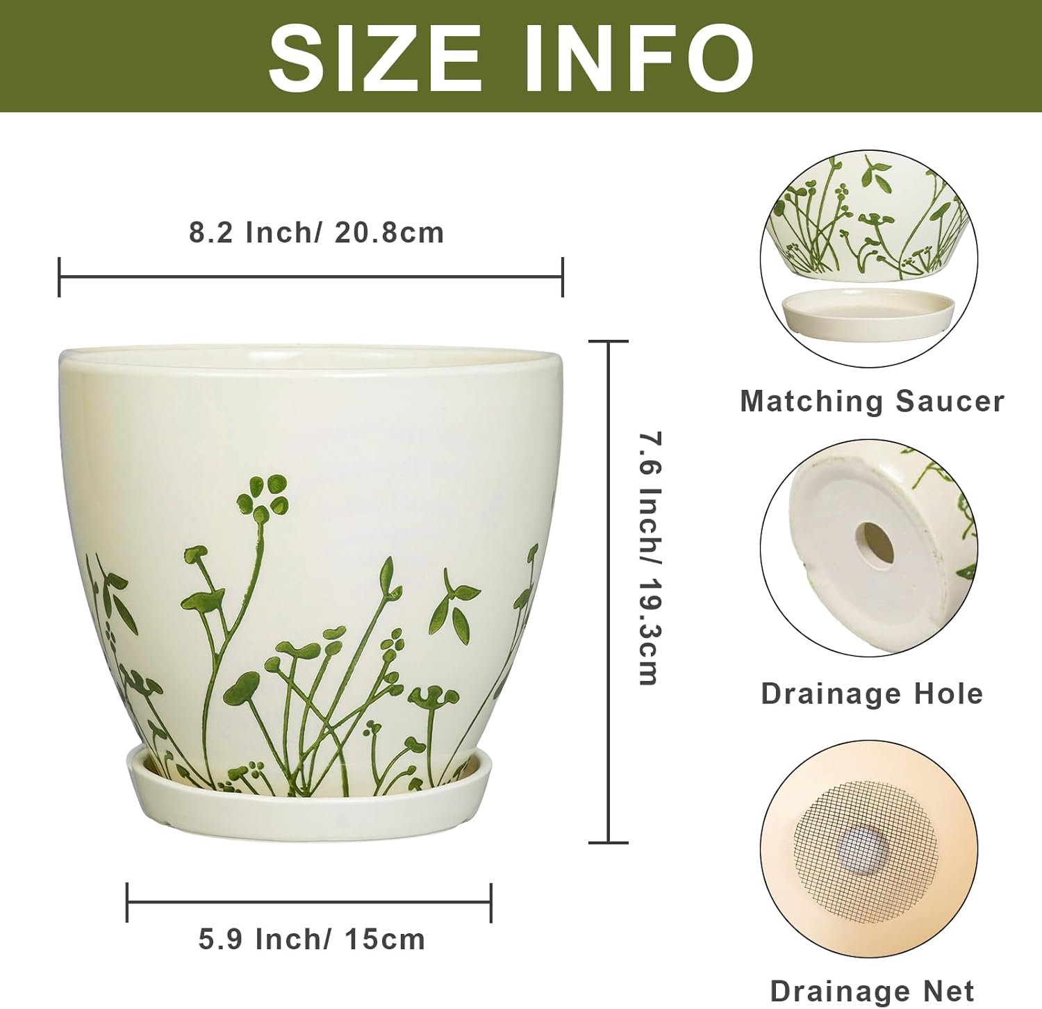 indoor plant pot 8.2 inch - ceramic planter with drainage hole and saucer, boho round decorative flower pot for indoor outdoor flowers, plant lover gifts, office home garden patio decor, white 8 inch grasses white