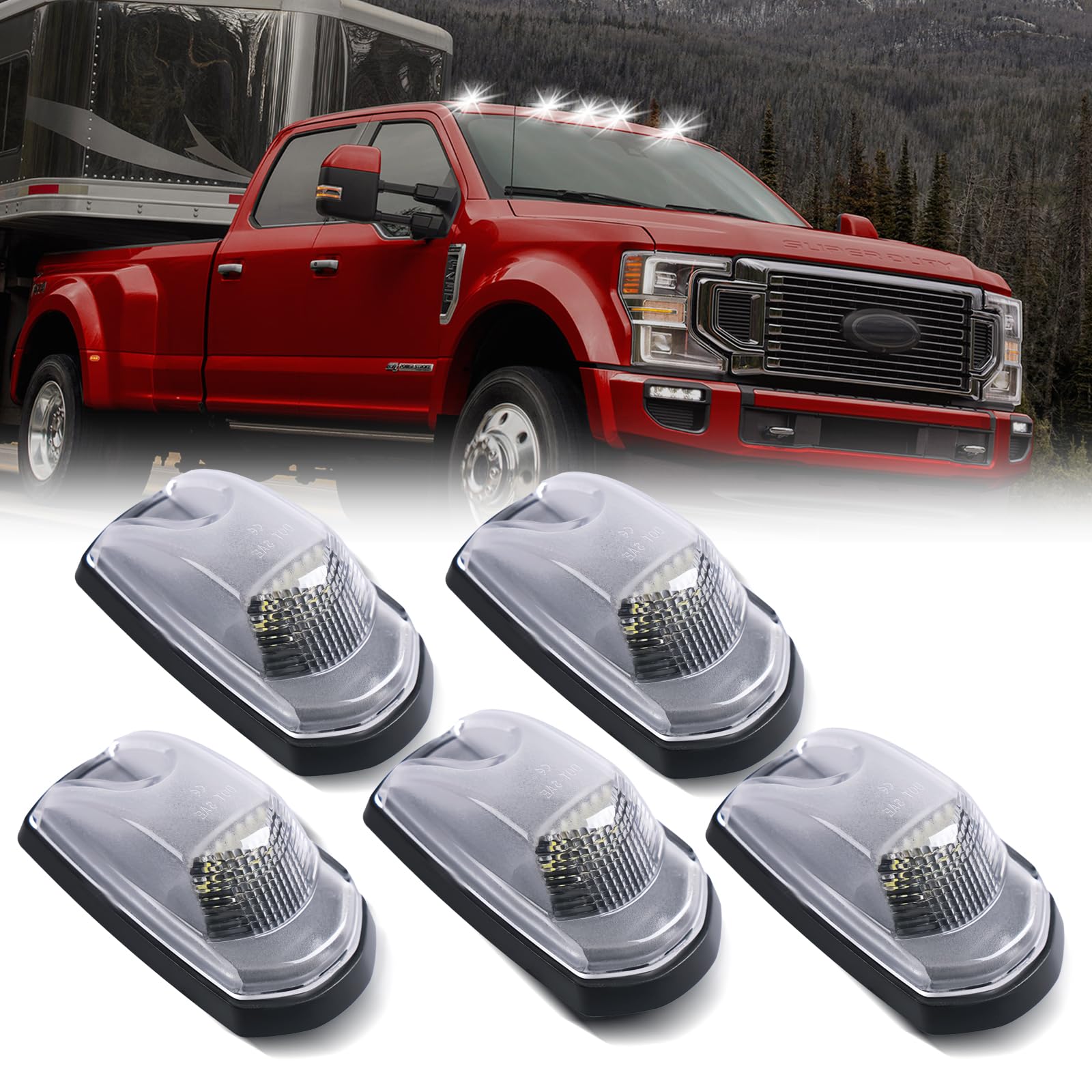 DERMOKA Cab Roof Top Marker Lights White Led Clearance Running Lamps for 2017-2022 Ford F250 F350 F450 F550 Super Duty Pickup Trucks, 5PCS (Clear Len)