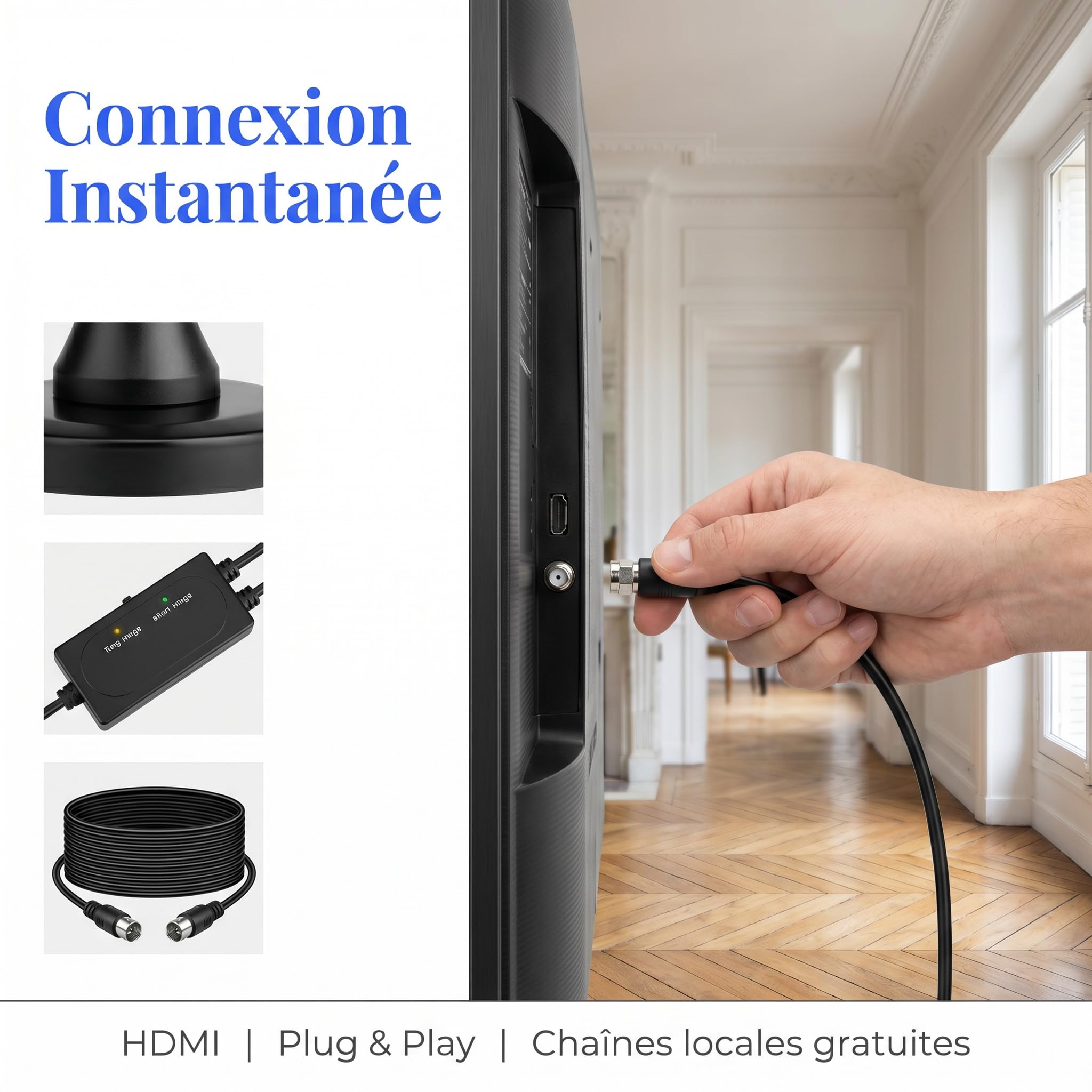 Antenne TV Intérieur Puissante 2026, Antenne TNT Intérieur Amplifiée 360° pour Smart TV, Amplificateur Signal 500km, Chaînes Gratuites 4K 1080P HD, Base Magnétique, Câble 3M