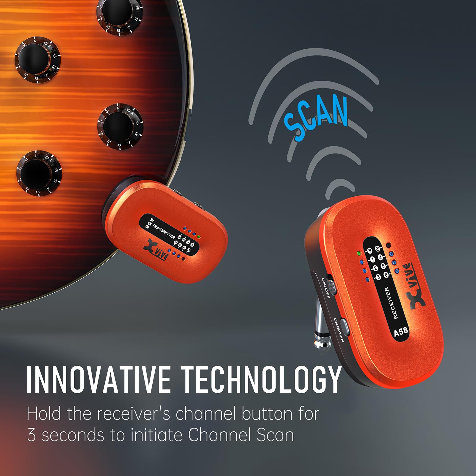 Xvive A58 - Sistema per chitarra wireless da 5,8 GHz, trasmettitore ricevitore per pickup attivo o passivo per basso elettrico/acustico, arancione