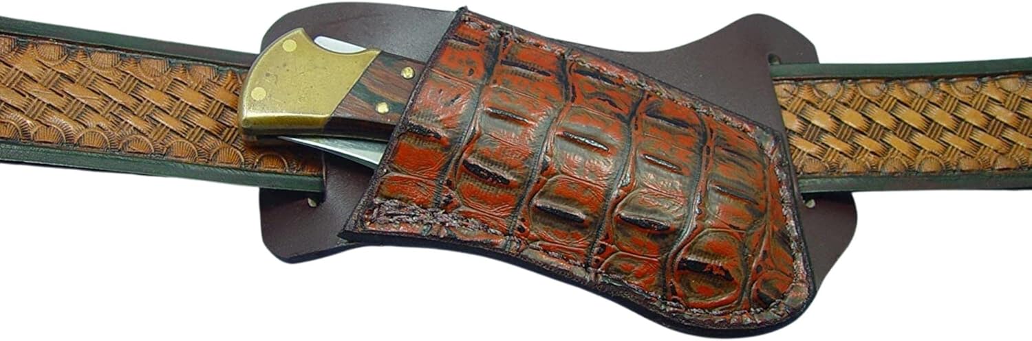 Leather Right Cross Draw Pocket Knife Sheath for a Buck 110 Are 112. Alliagor Print Leather on Top. Sheath Only!