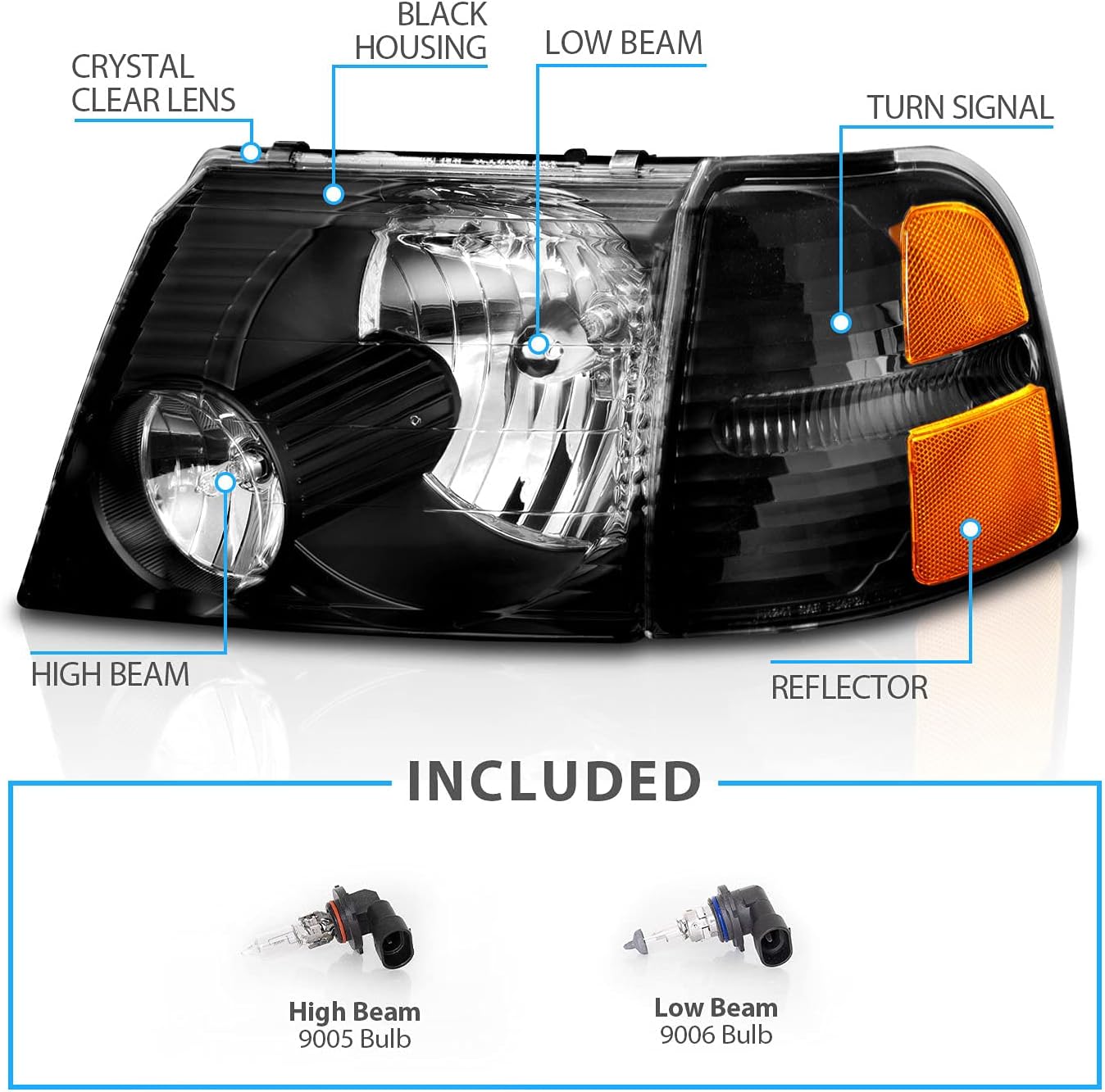 AmeriLite For 2002-2005 Ford Explorer Black Headlights w/Amber Corner Light Set - Passenger and Driver Side