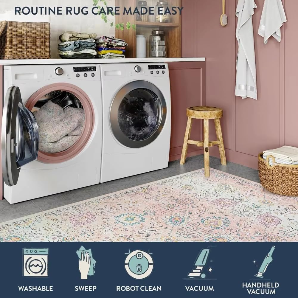 Tapis bohème Rose, 240 x 120 cm, Lavable, pour Chambre ou Salon, Motif Floral Rose poudré Doux, antidérapant.