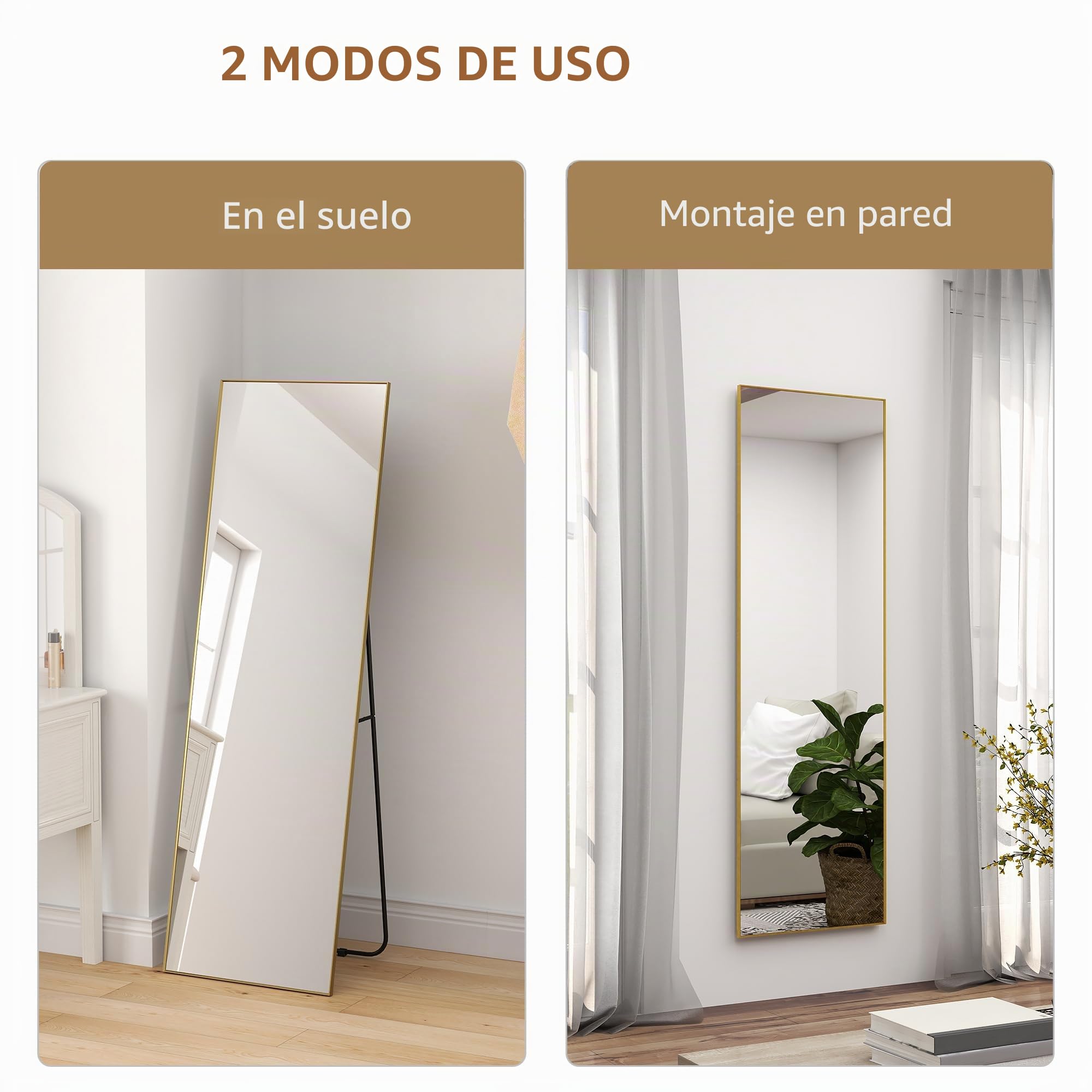 HOMCOM Espejo de Suelo Rectangular de Cuerpo Entero 50x160cm Dorado | Montaje en pared o apoyado contra la pared, para dormitorio, salón y vestidor