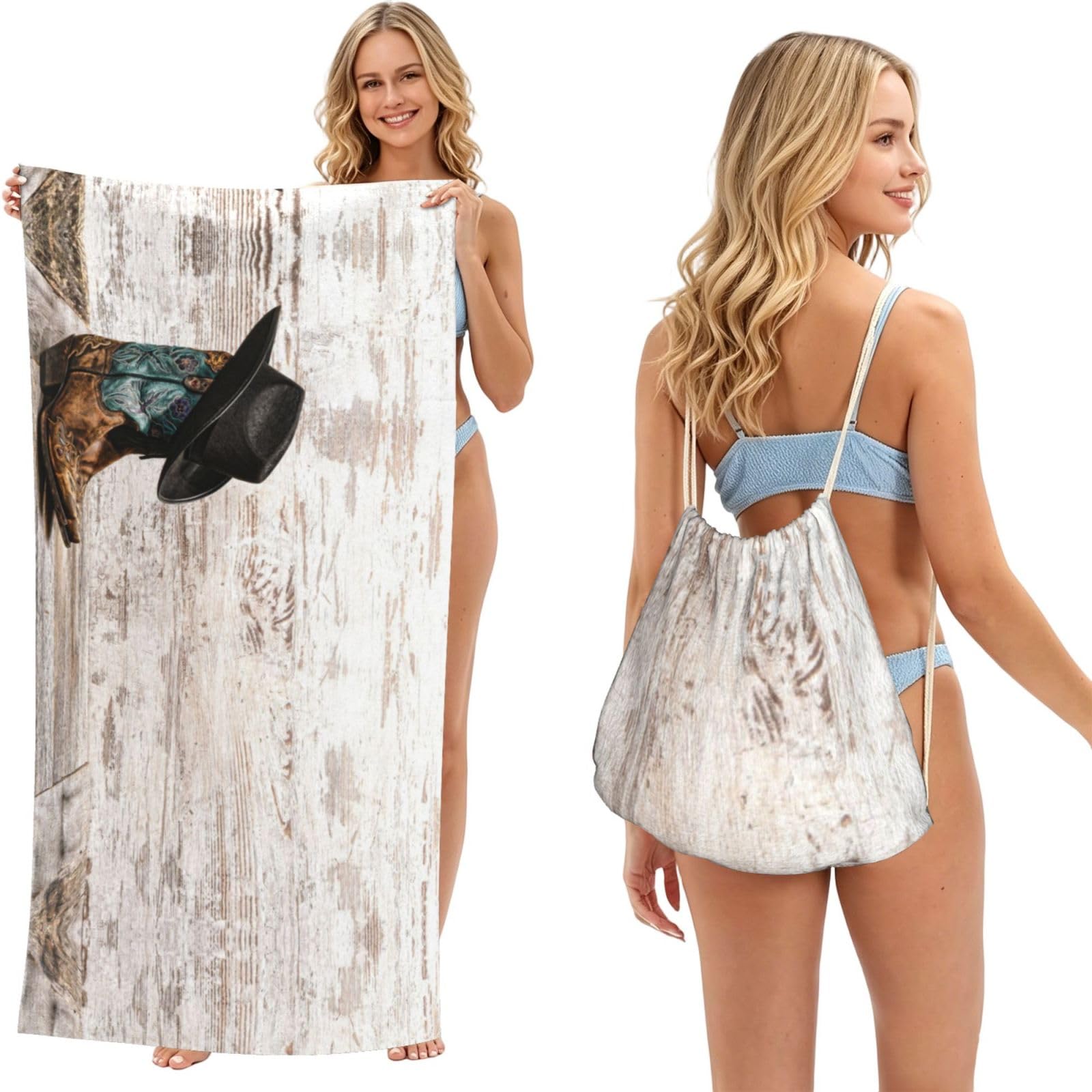 WSHFFILO Cowboy Hat and Boots printed 2 in 1 Packable Towel Bag Bath Towel Beach Towel