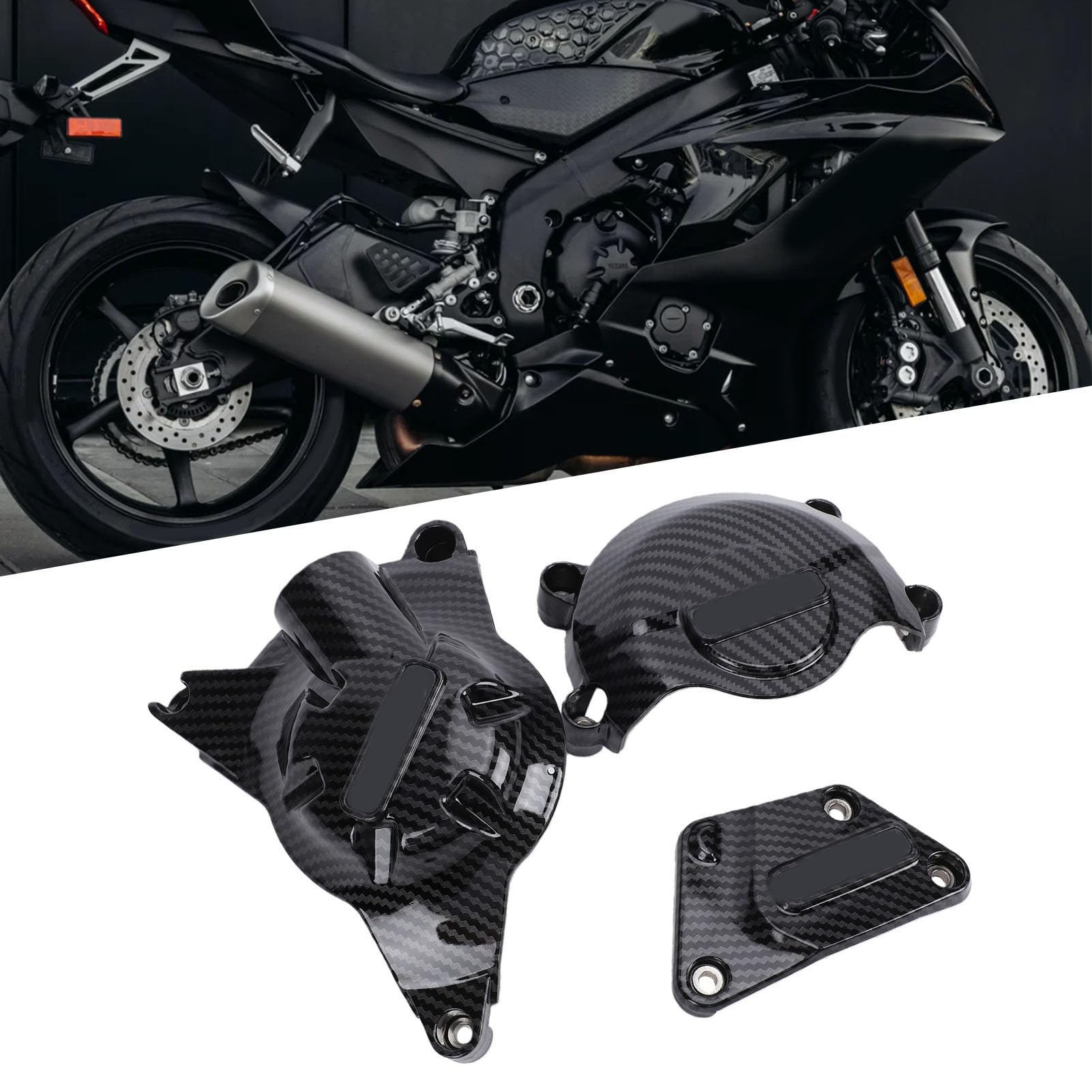 lyrlody Zestaw Osłon Silnika Motocykla 3 szt. Długie Nylonowe Włókno Szklane Osłona Obudowy Silnika Śruba Zamienna do YZF R6 2006 2025 do Jazdy Ulicznej i Naprawy Garażu (Włókno stylizowane na