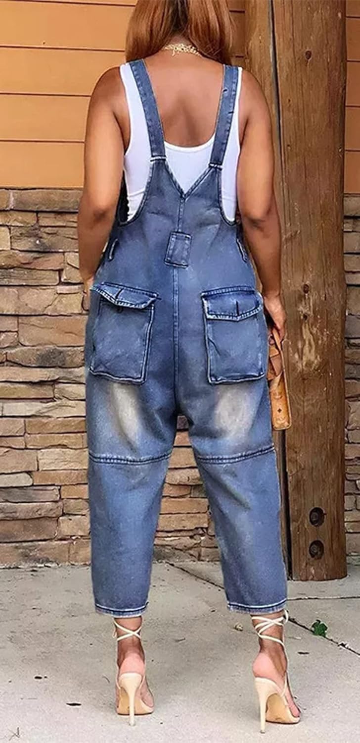 CHARTOU Women's Casual Loose Fit Jean Jumpsuit Overalls Crop Harem Denim Pants - Image 3