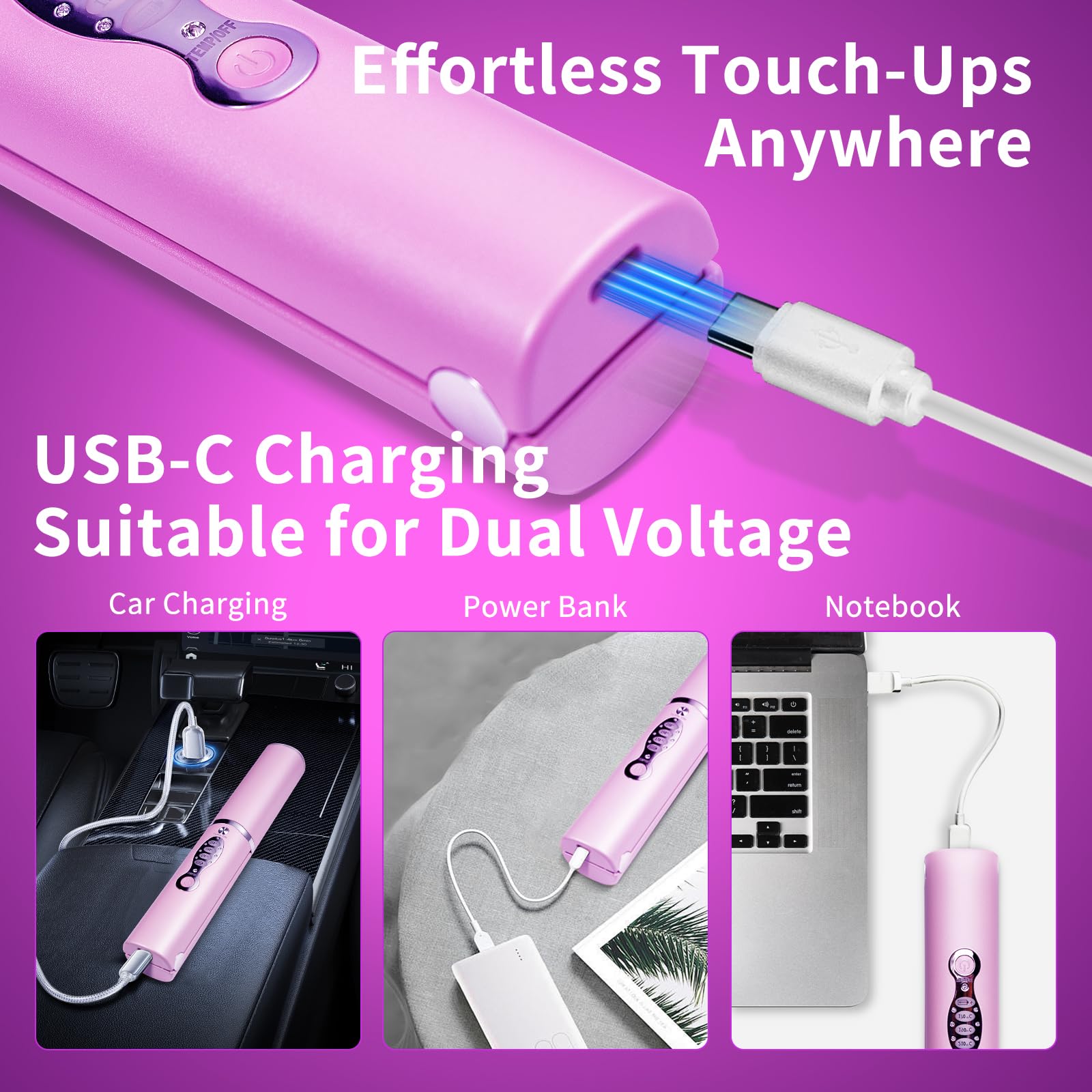 Alisador y rizador de pelo pequeño de viaje 2 en 1 para cabello corto, plancha plana de titanio inalámbrica, portátil, recargable por USB-C, calentamiento rápido, voltaje dual, batería de 5000 mAh, 3