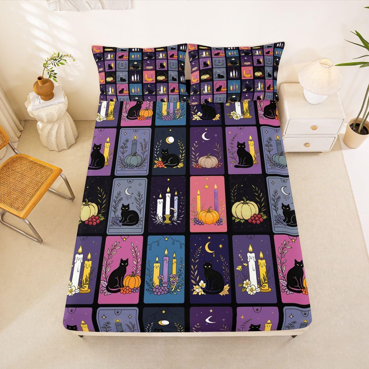 Castle Fairy Grid Black Cat Fitted Sheet Twin Size Vintage Tarot Card Bedding Set 2Pcs Candle Moon Boho Bed Sheet for Kids Boys Girls Teens Room Decor Purple Black,Deep Pocket Sheet(No Flat)