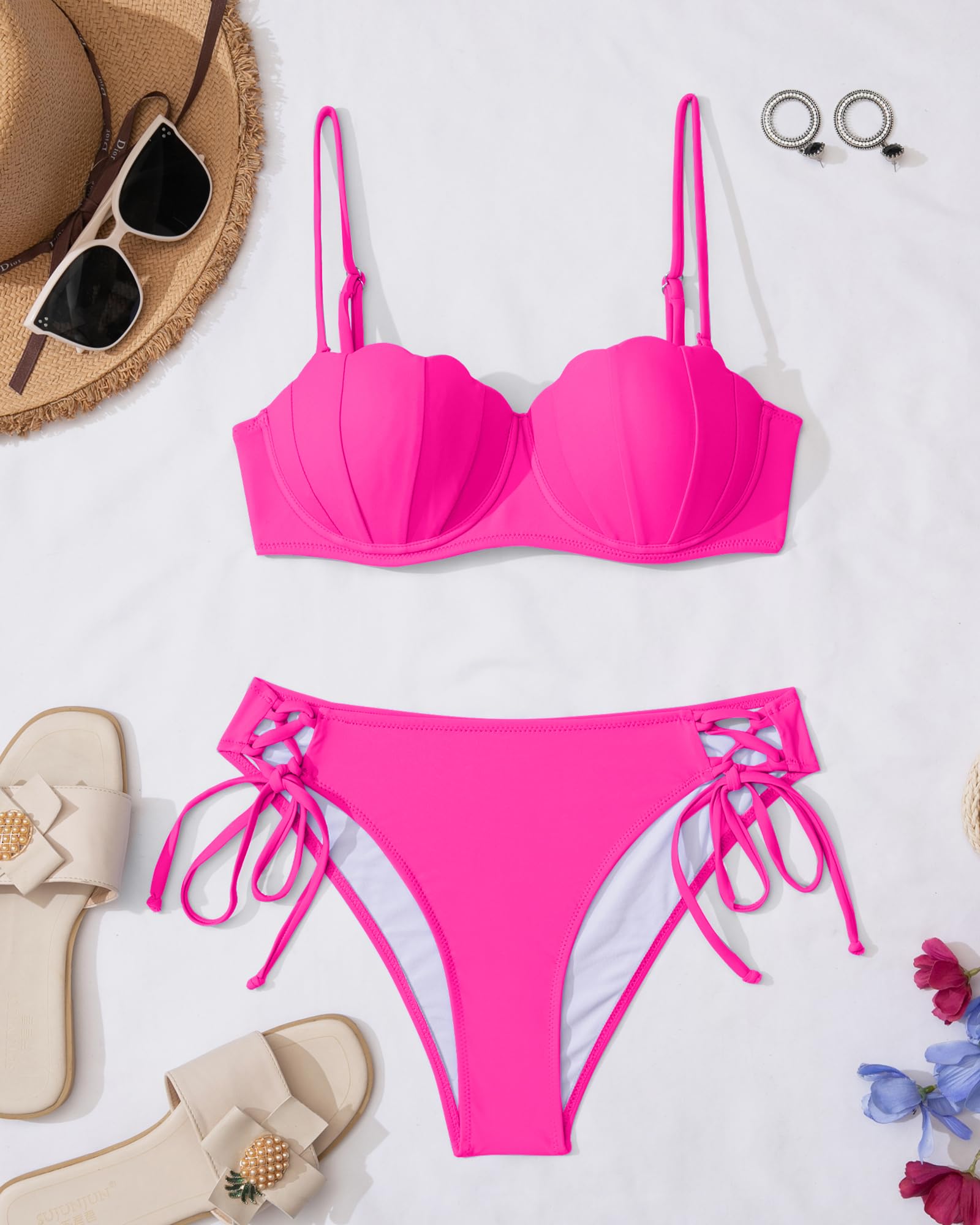 KerryKreey Underwire Swimsuits for Women Push Up Bikini Sets High Cut Cheeky Two Piece Lace Up Tie Side Bathing Suits: Large Hot Pink Bikini Sets