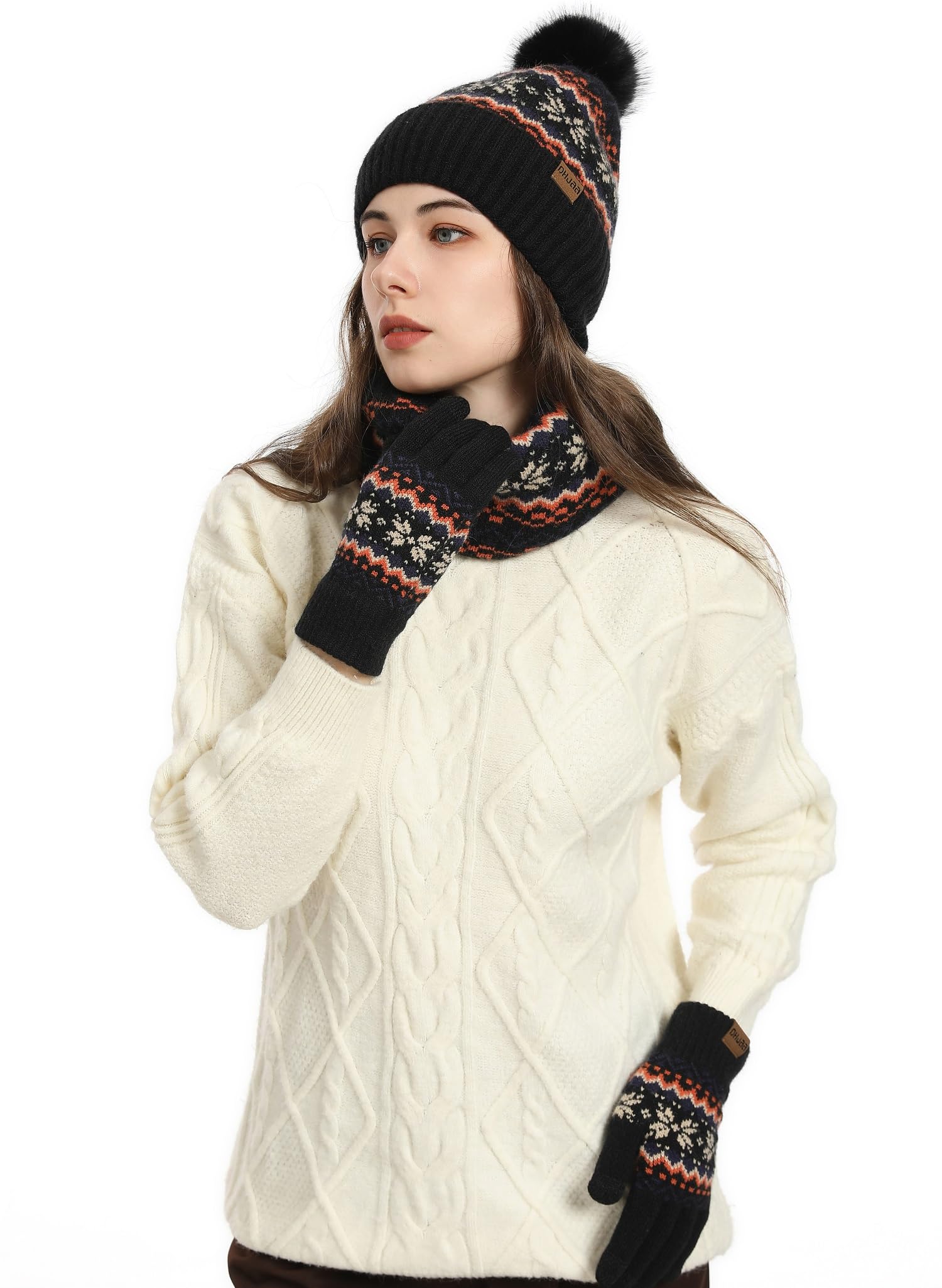 Hilmocho Frauen Winter Hut Schal und Handschuhe Set Weich Warm Gestrickte Halswärmer Fleece Gefüttert Mützenmütze Schädelkappe Touchscreen Handschuhe