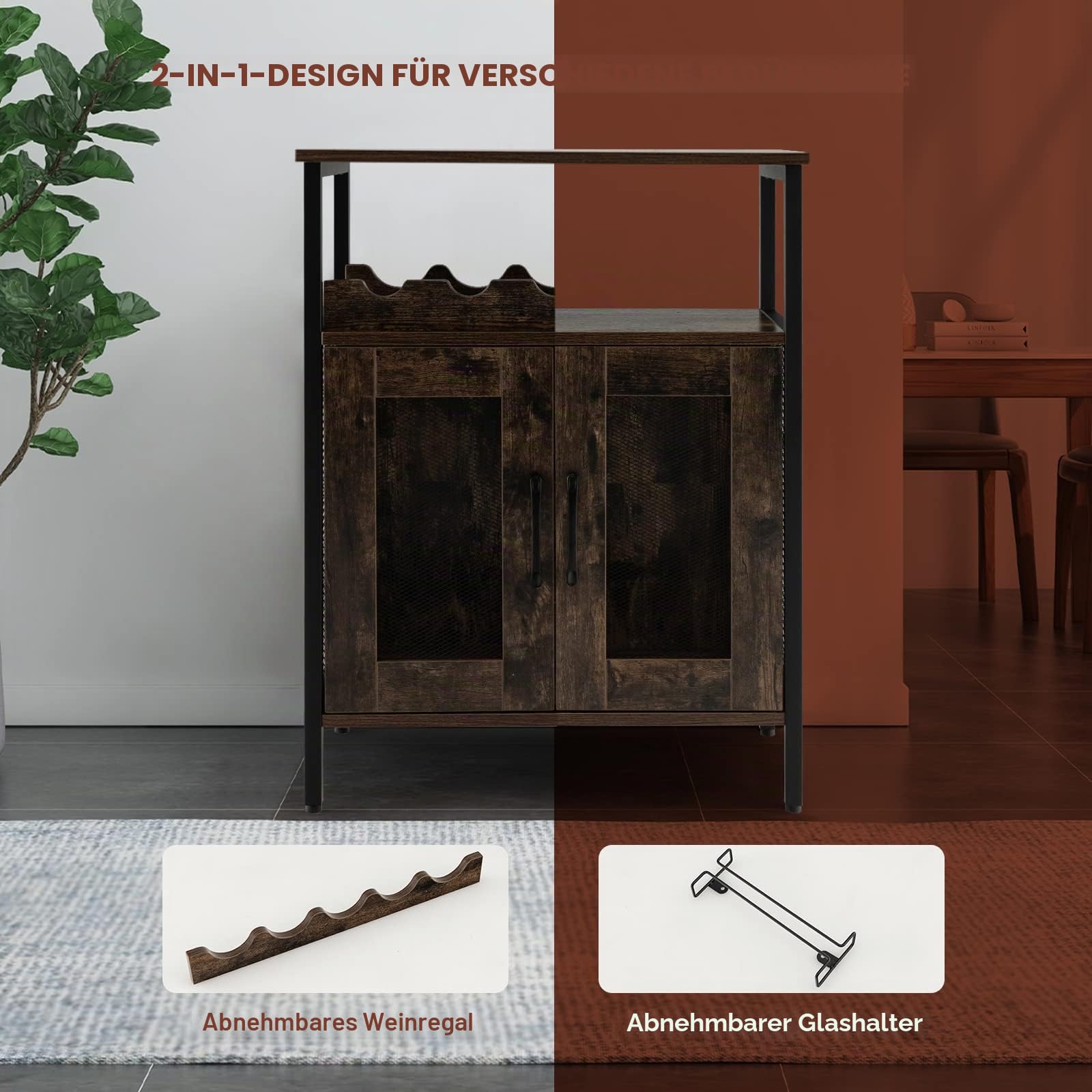 GIANTEX Weinschrank Barschrank Industrial, Weinbarschrank mit abnehmbarem Weinregal & 6 Glashalter, Küche Hausbar Küchenschrank mit Metallgittertüren, Sideboard Flaschenständer Weinständer 60x34x79cm