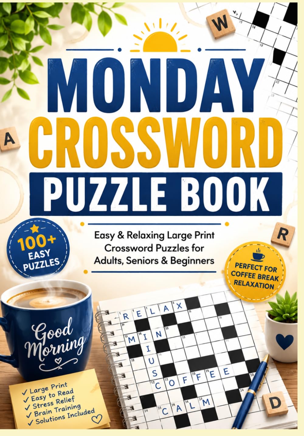 MONDAY CROSSWORD PUZZLE BOOK: Easy & Relaxing Large Print Crossword Puzzles for Adults, Seniors & Beginners