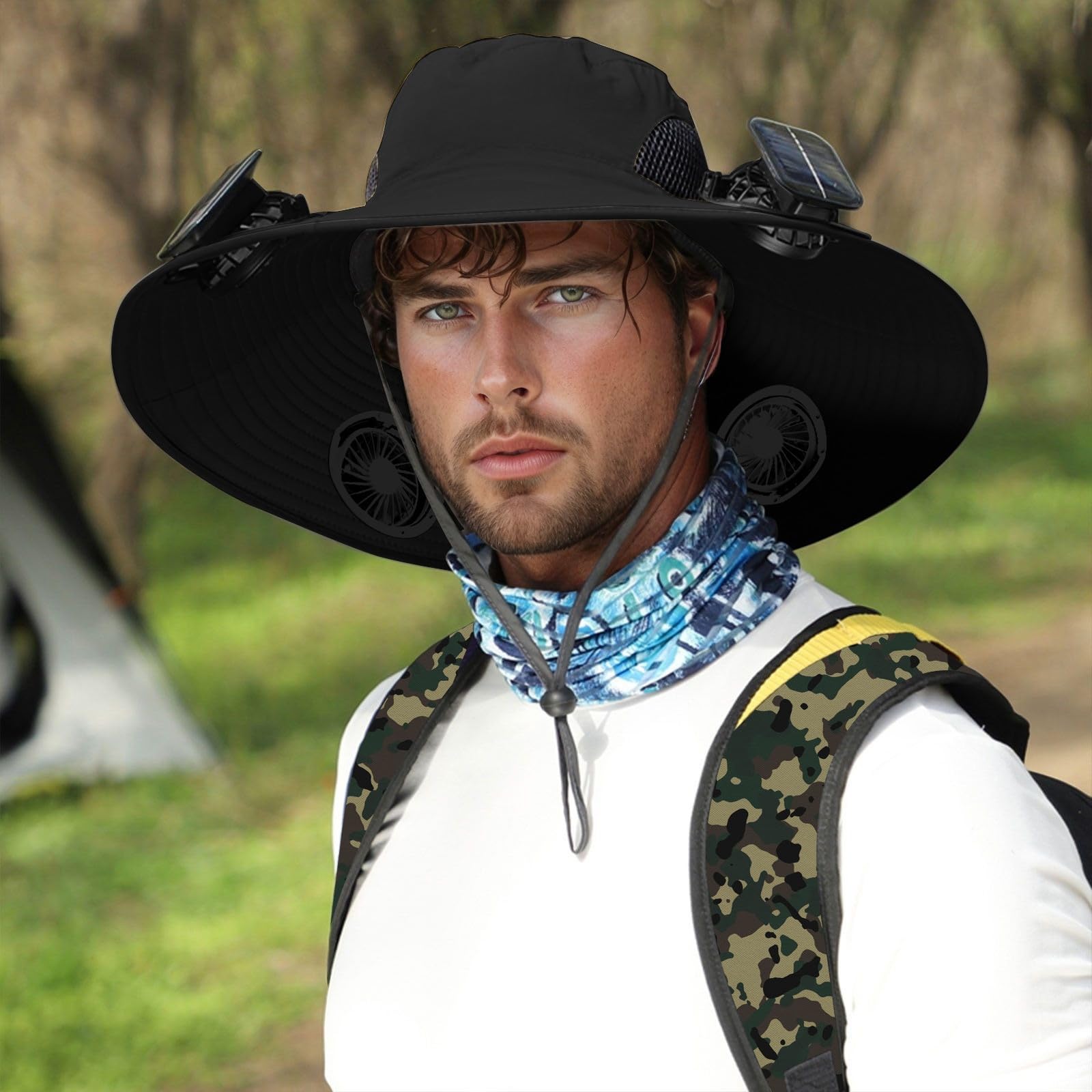 Générique Chapeau De Soleil D'extérieur À Large Bord - avec 4 Ventilateurs Solaires - Homme Femme - Été Chapeau Anti UV Rafraichissant - Rechargeable par USB - Pêche Plage Randonnée Safari