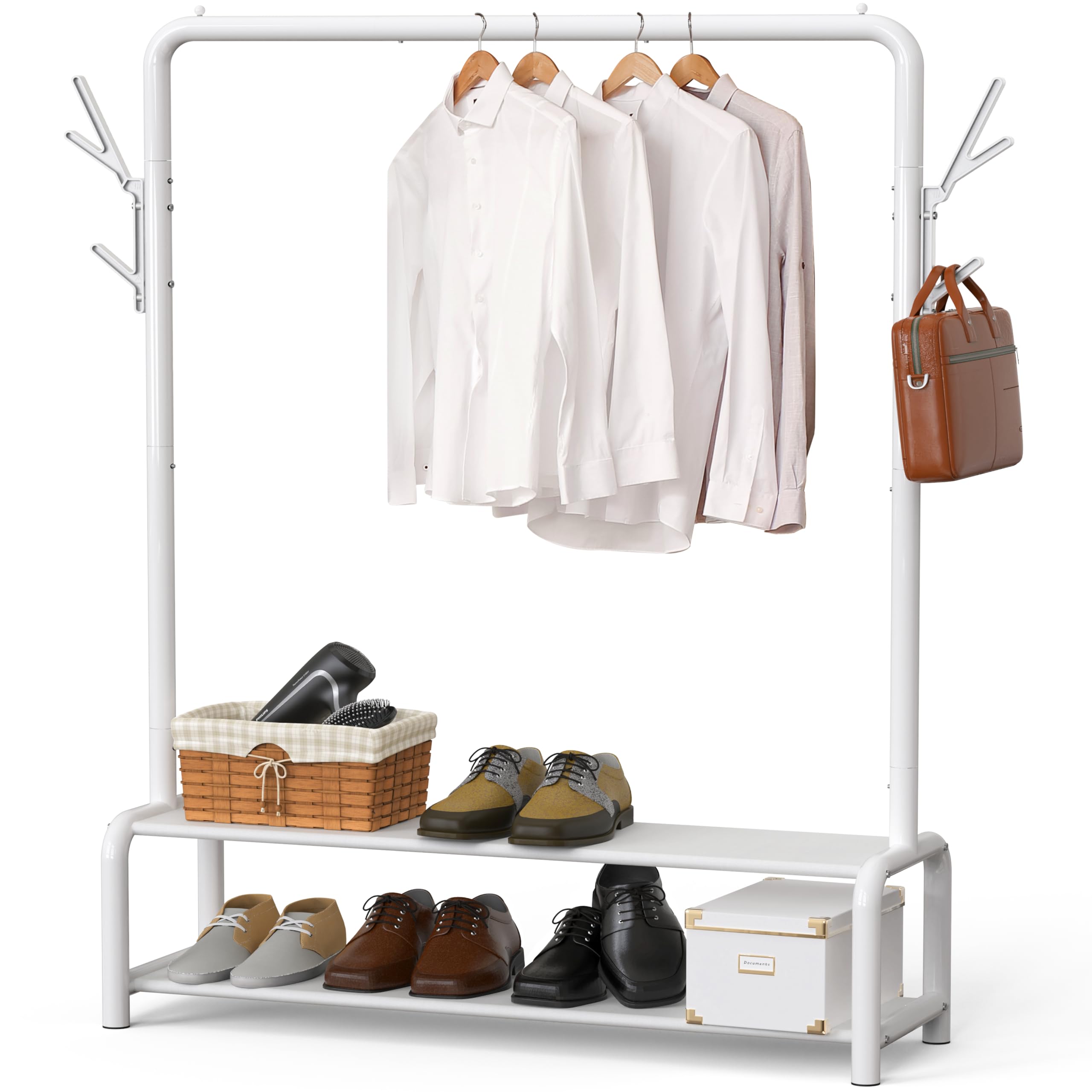 SimpleHouseware Garment Rack with Storage Shelves and Coat/Hat Hanging Hooks, White