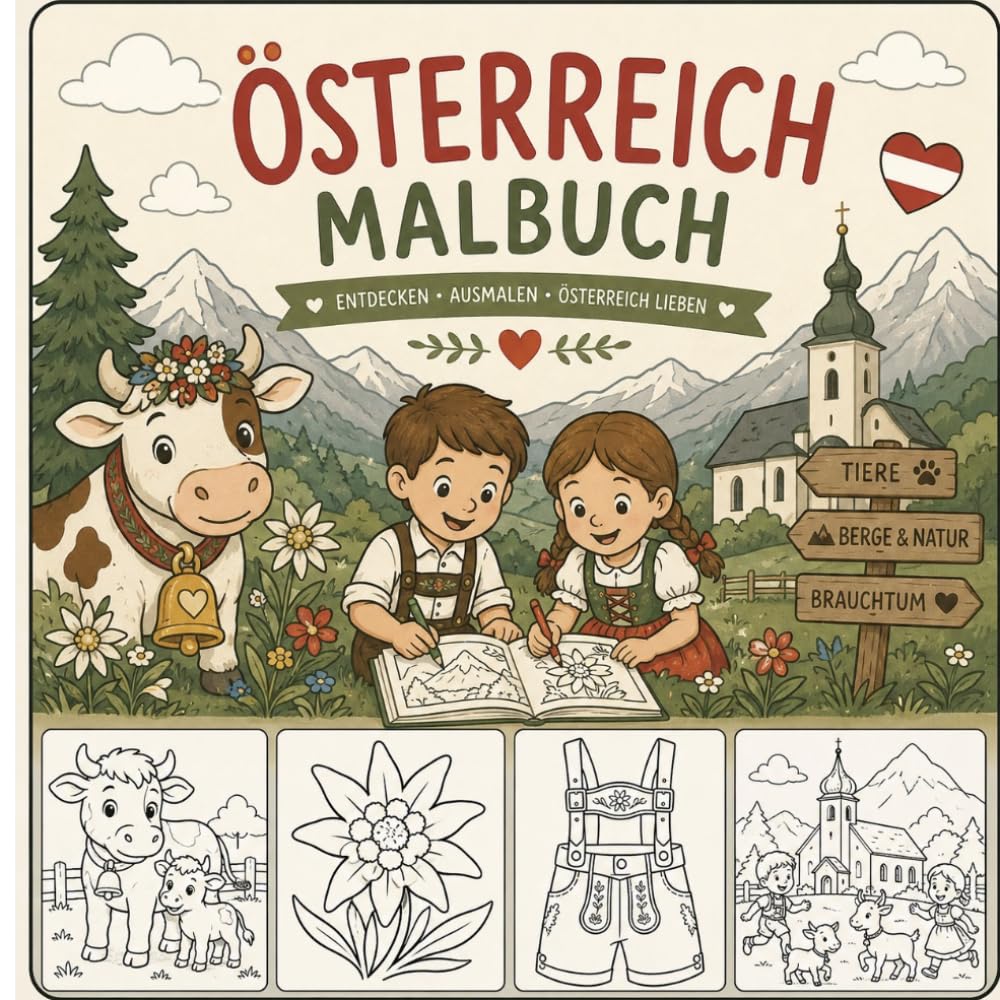 Österreich Malbuch für Kinder: Ausmalspaß mit den schönsten Motiven aus Österreich | Berge, Tiere, Sehenswürdigkeiten & Traditionen | Kreatives Ausmalbuch für Mädchen & Jungen
