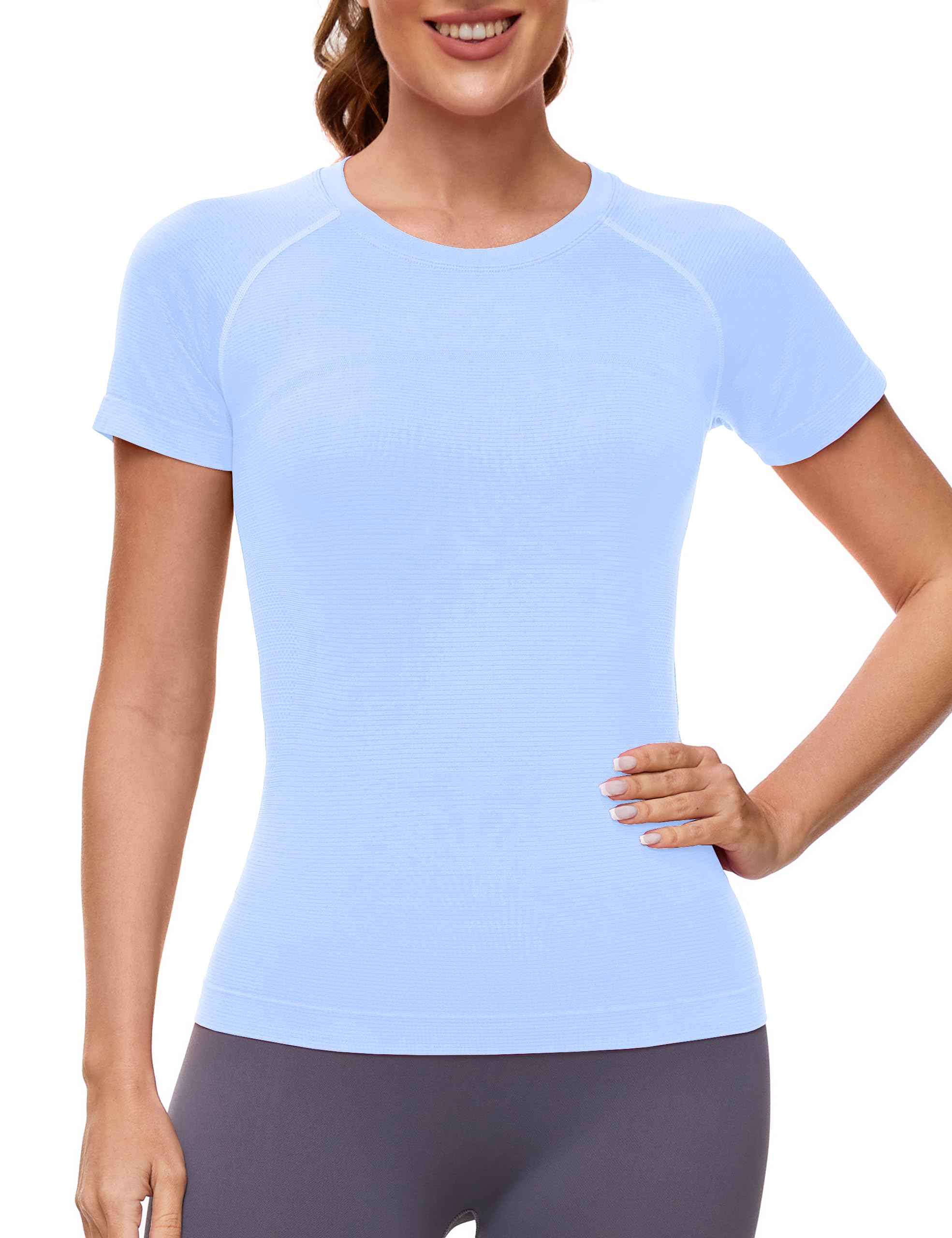 MathCat Seamless Workout Tops for Women, Compression Shirt Women Short Sleeve Shirts Athletic Running Yoga Breathable (XS-XL)