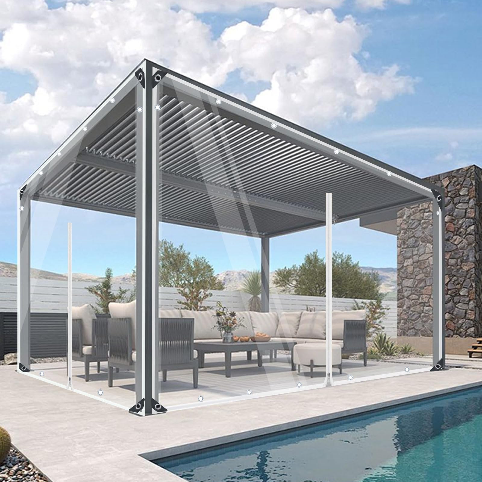 Transparant zeil met oogjes, waterdicht 420 g/m², pvc-afdekzeil, zeildoek, windbescherming, regenbescherming voor tuin, paviljoen, terras, balkon