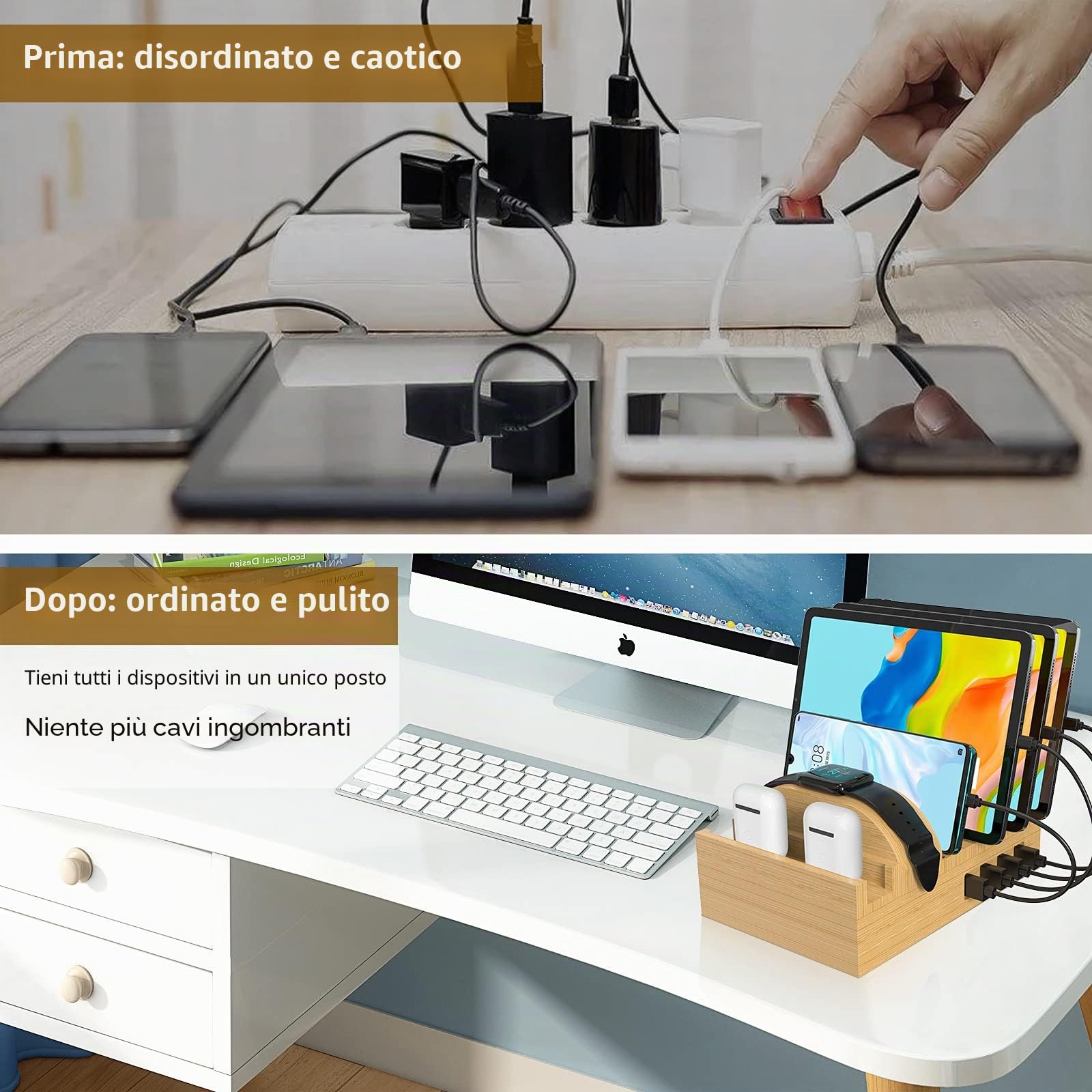 Stazione di ricarica per più dispositivi, stazione di ricarica per cellulare da 50 W, caricatore USB, organizer rapido, compatibile con il supporto di ricarica wireless per cellulare