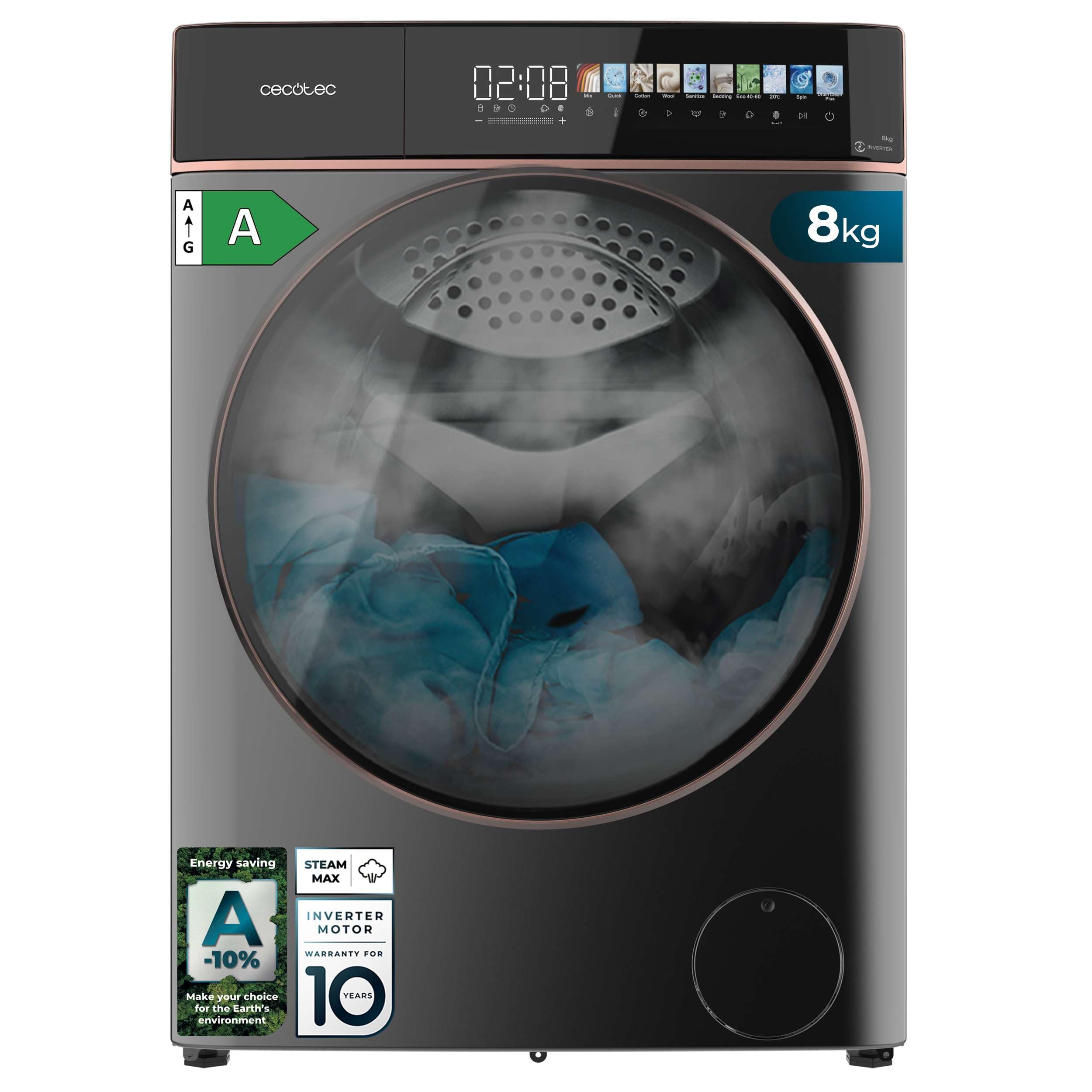 Cecotec Lavadora 8Kg Carga Frontal Bolero DressCode 8900 Inverter FullColor Steel A Acabado Acero 1400 Rpm, Pantalla 10,3", 11 Programas, Inverter, SteamMax, Clase A Etiqueta Energética