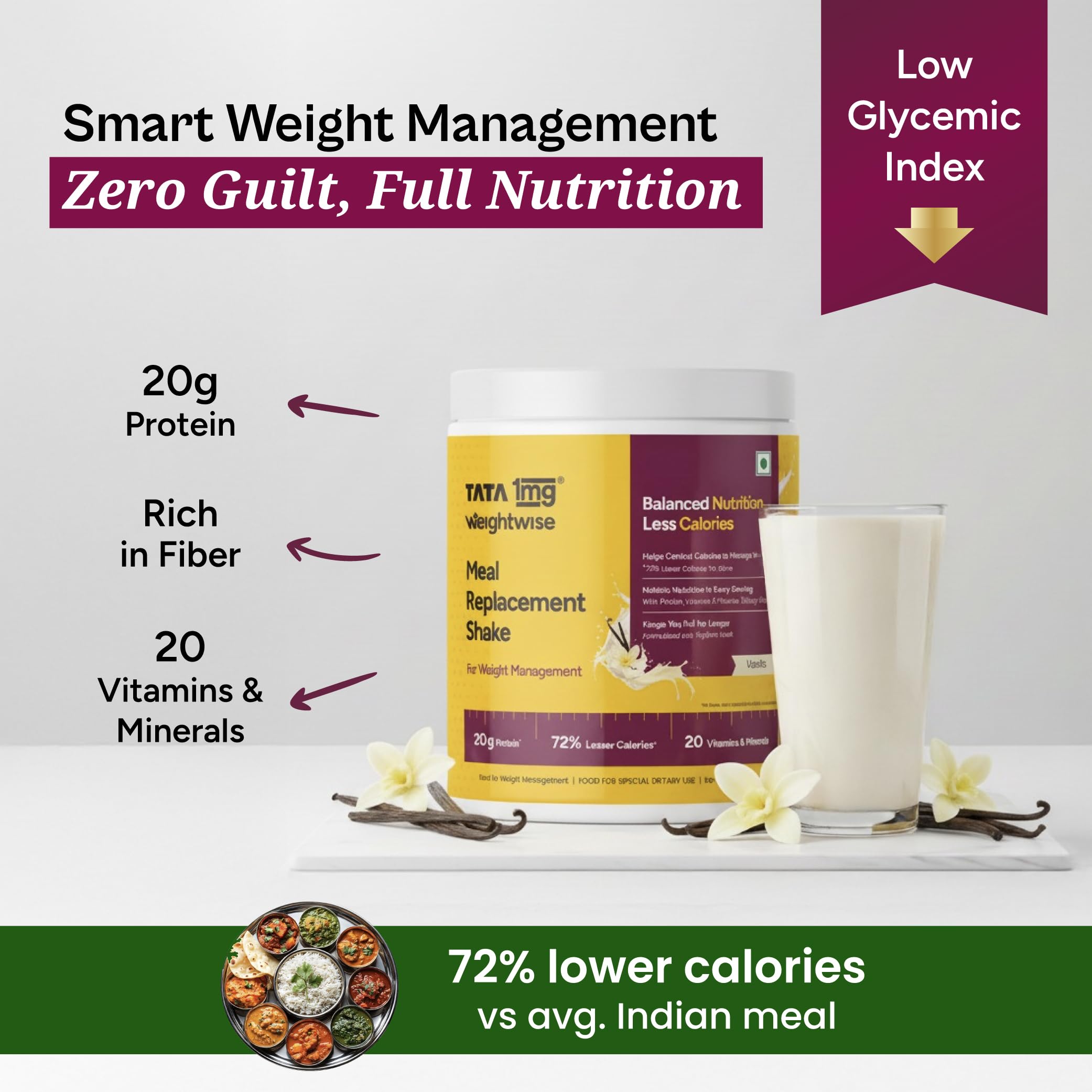 Tata 1mg Meal Replacement Shake – Vanilla |500g| 20g Protein, 20 Vitamins & Minerals, Psyllium Husk | 72% Fewer Calories | Weight Management | — Amazon image 5