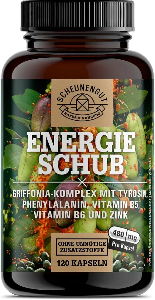 ENERGIESCHUB® Energie-Motivation-Fokus Kapseln -WICHTIG: Laborgeprüfte +Natürliche Wirkung (keine Chemie) mit Griffonia, L-Thyrosin, Chrom, Phenylalanin, Vitamin B12 SCHEUNENGUT®